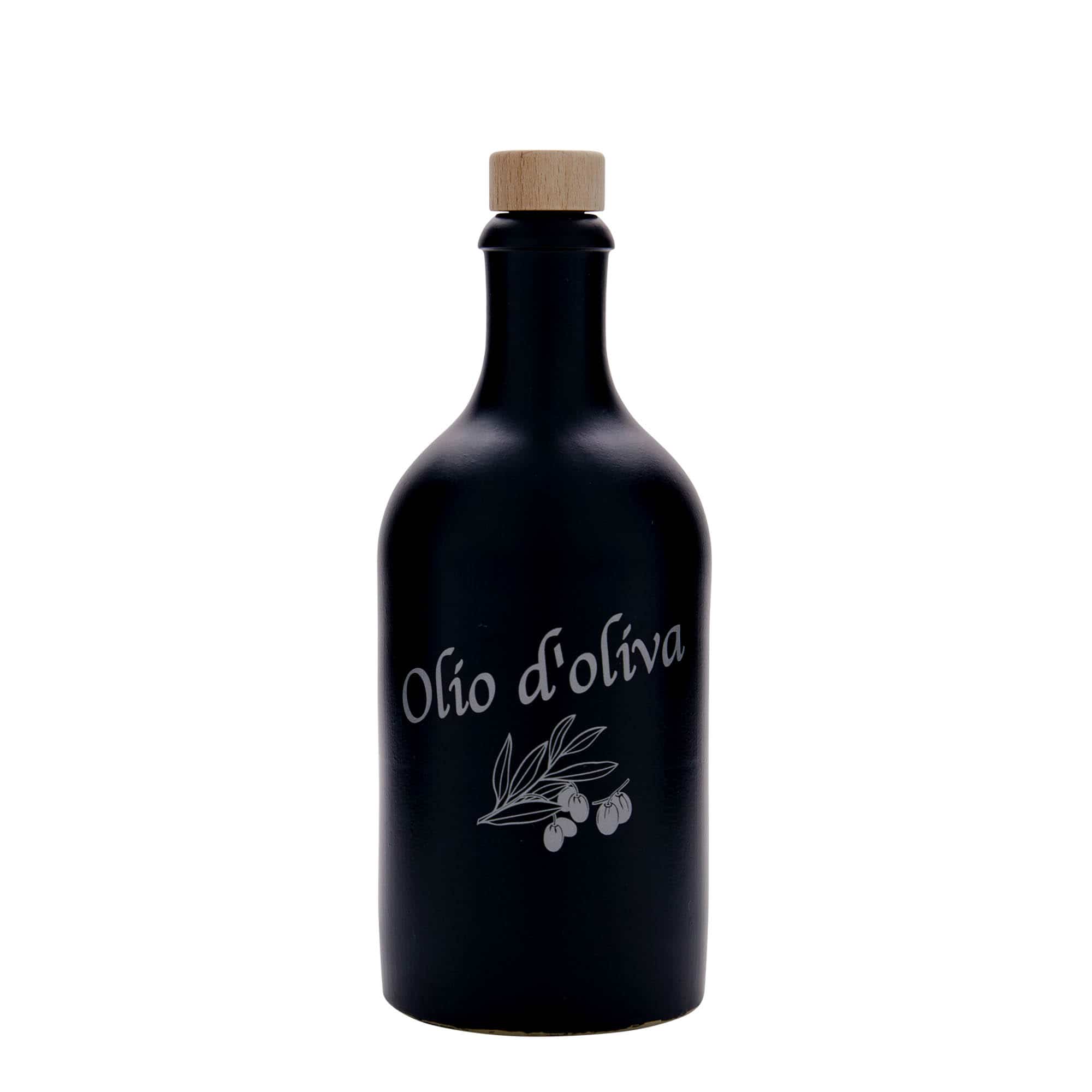500 ml бутилка от каменна керамика, мотив: Olio d'Oliva, каменна керамика, черна, затваряне: коркова тапа