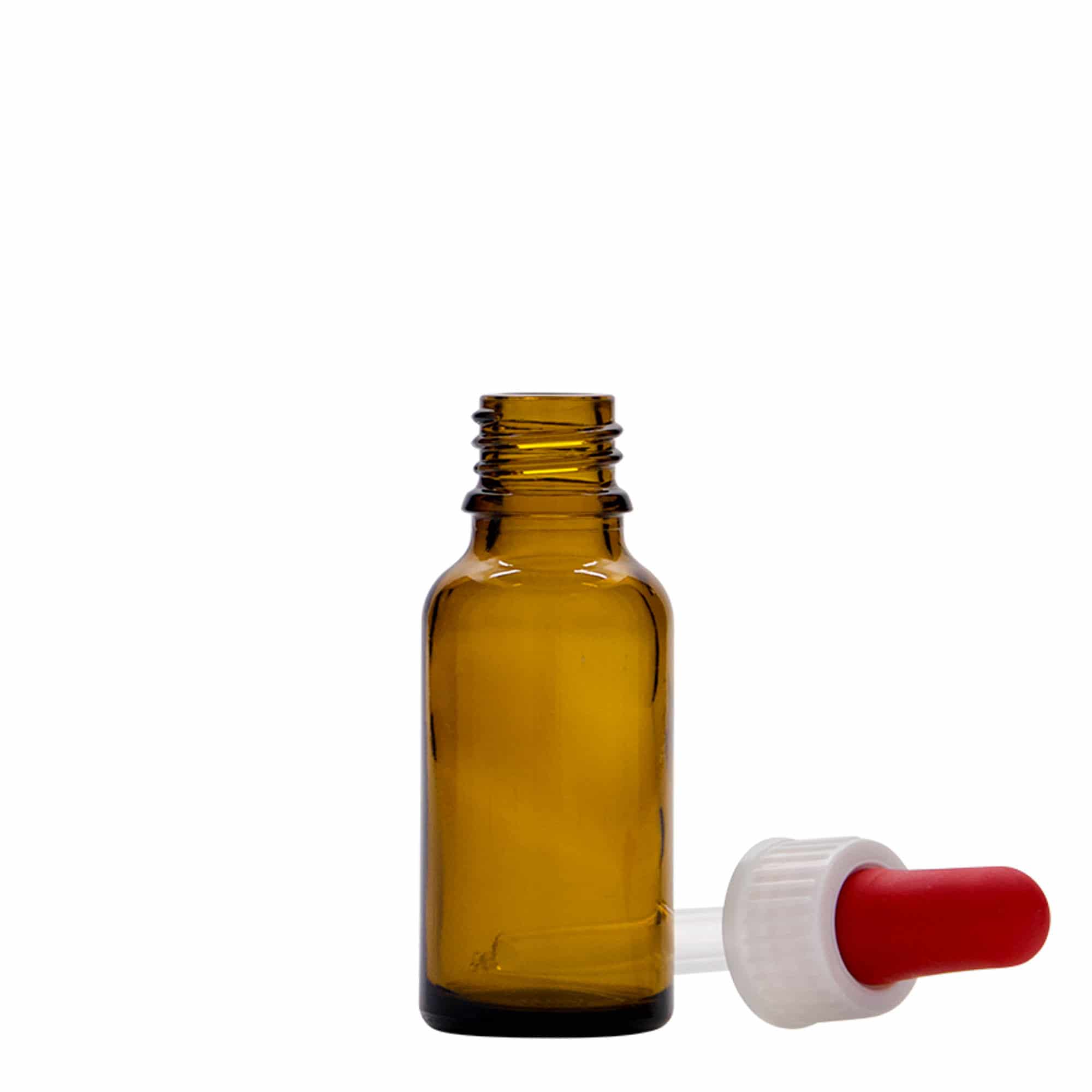 20 ml бутилка за лекарства с пипета, стъклена, кафява, затваряне: винтова капачка с резба DIN 18