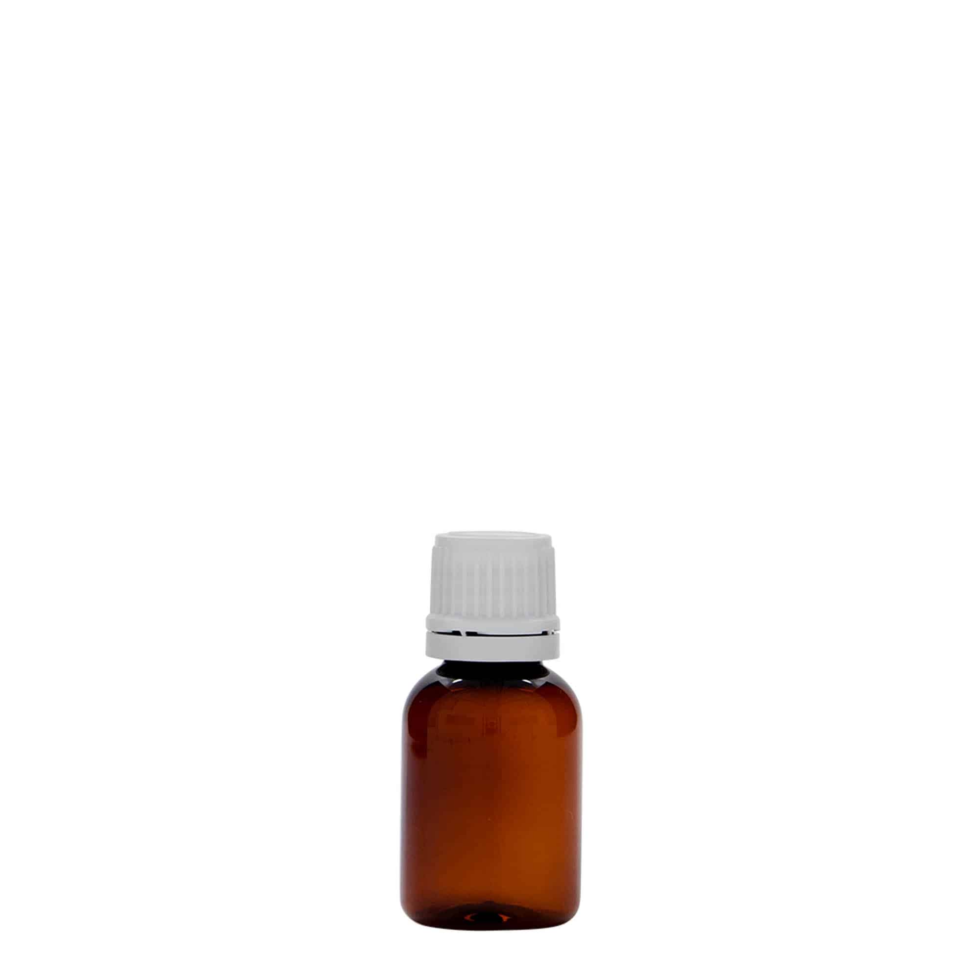 20 ml PET бутилка за лекарства „Easy Living“, кафява, пластмасова, затваряне: винтова капачка с резба DIN 18