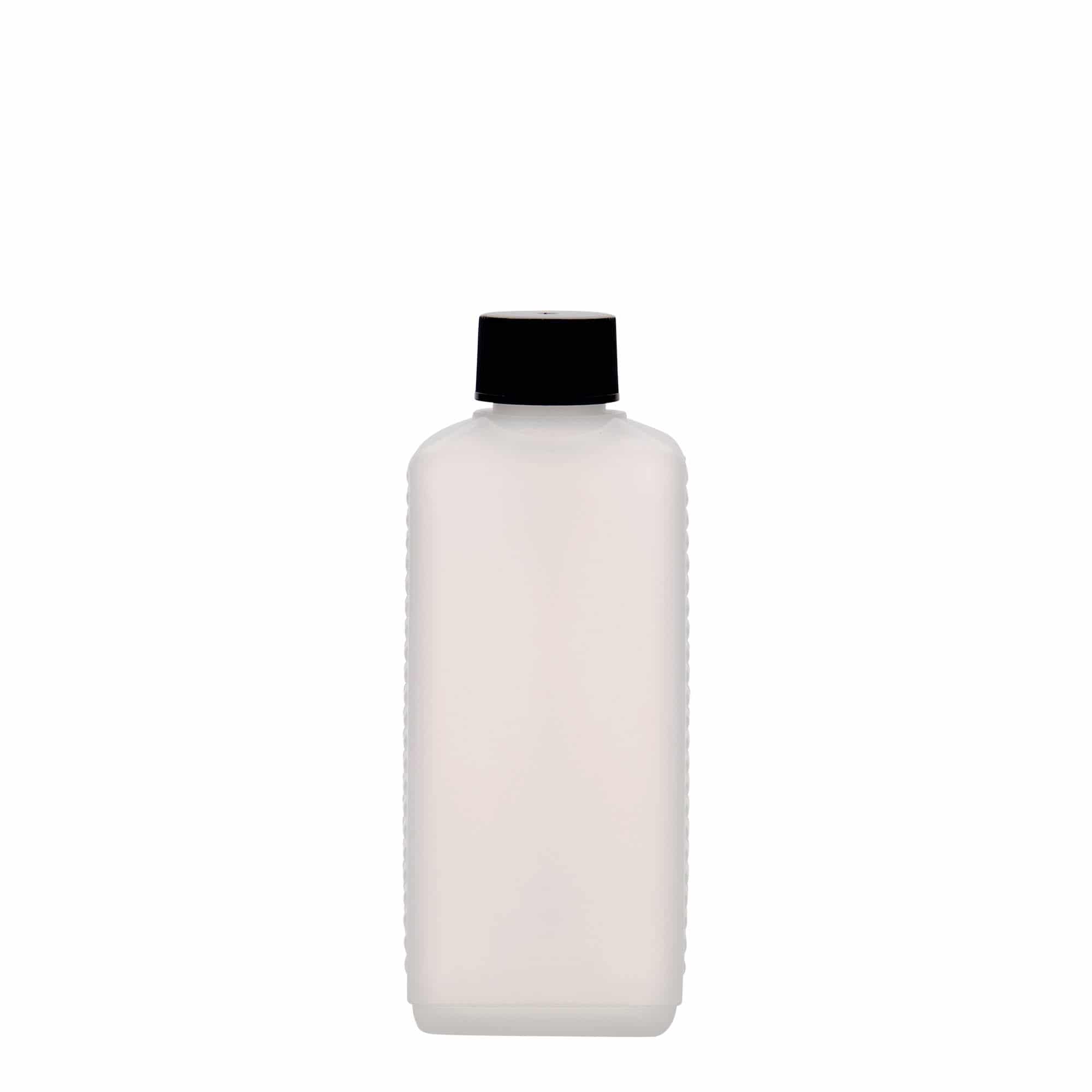 250 ml бутилка тип туба, правоъгълна, HDPE пластмаса, естествен цвят, затваряне: винтова капачка с резба DIN 25 EPE