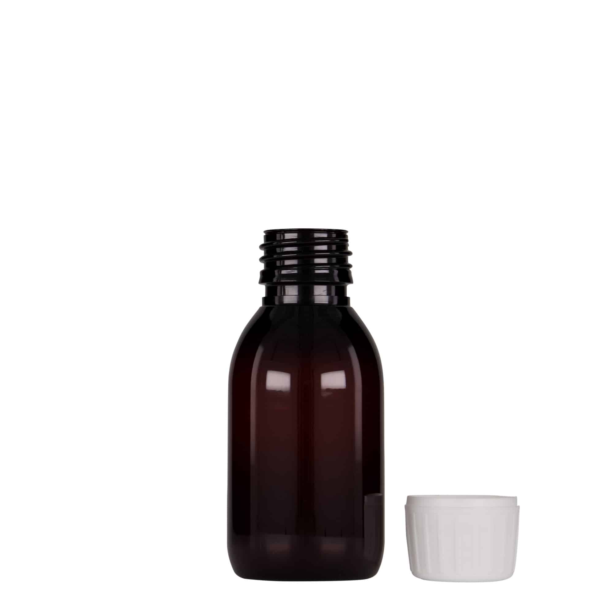 100 ml PET бутилка за лекарства, кафява, пластмасова, затваряне:: капачка PP 28
