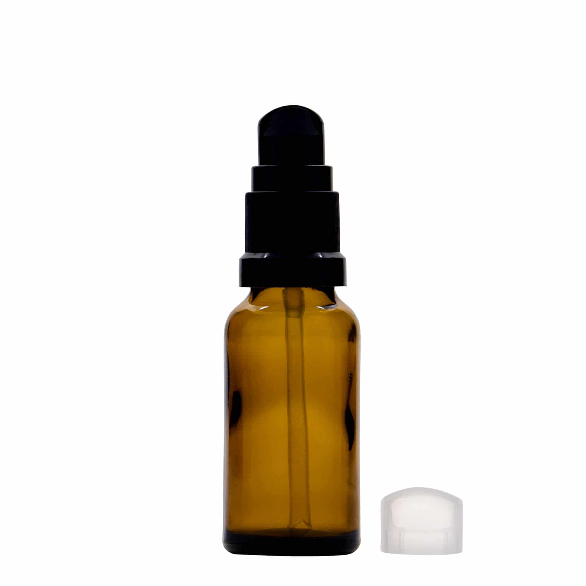 20 ml бутилка за лекарства с лосион помпа, стъклена, кафява, затваряне: винтова капачка с резба DIN 18