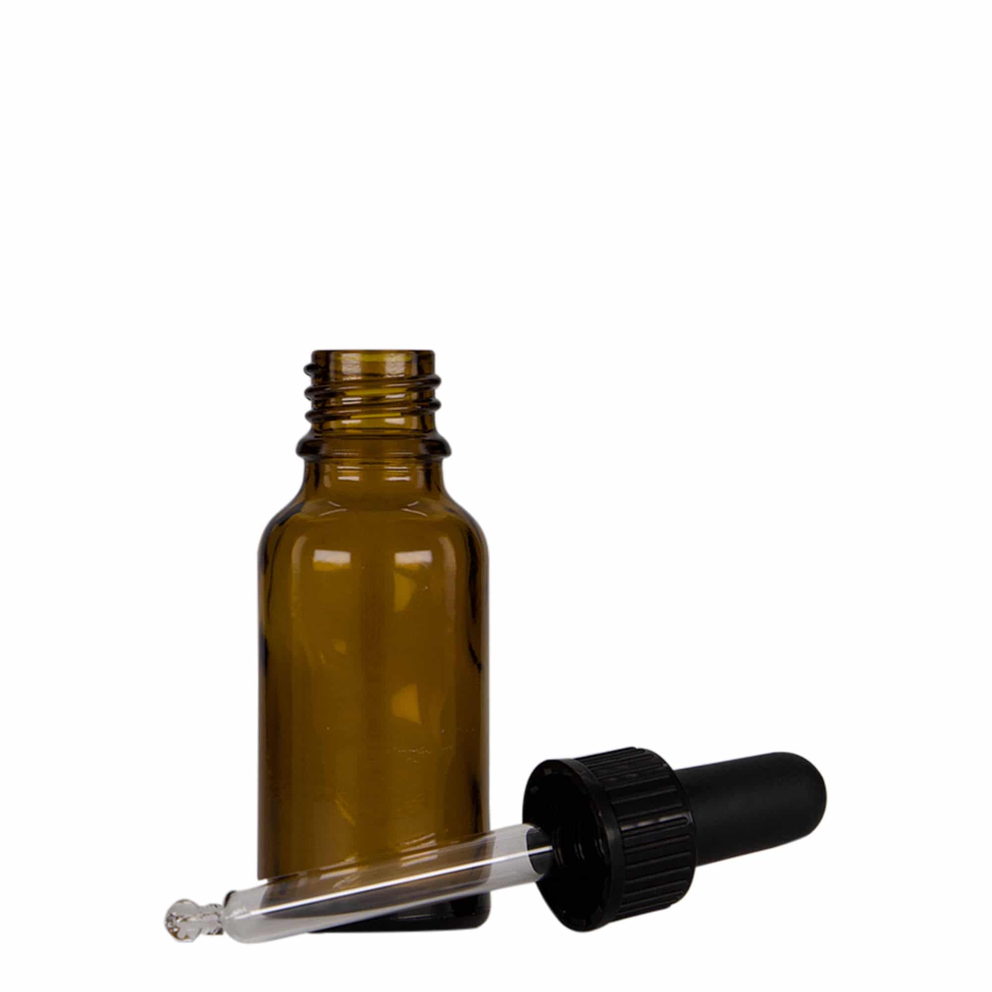 20 ml бутилка за лекарства с пипета, стъклена, кафяво-черна, затваряне: винтова капачка с резба DIN 18