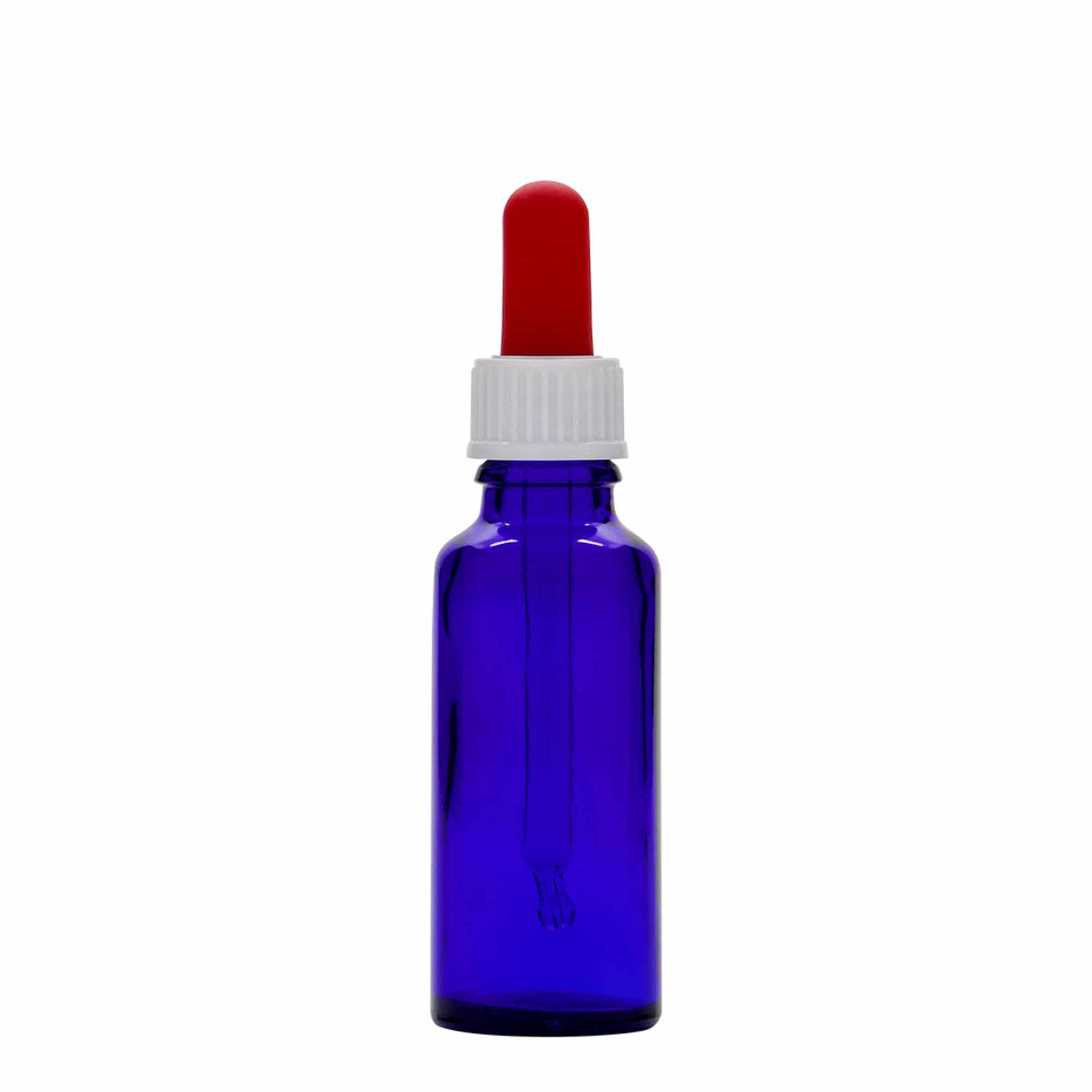 30 ml бутилка за лекарства с пипета, стъклена, кралско синьо-червена, затваряне: винтова капачка с резба DIN 18