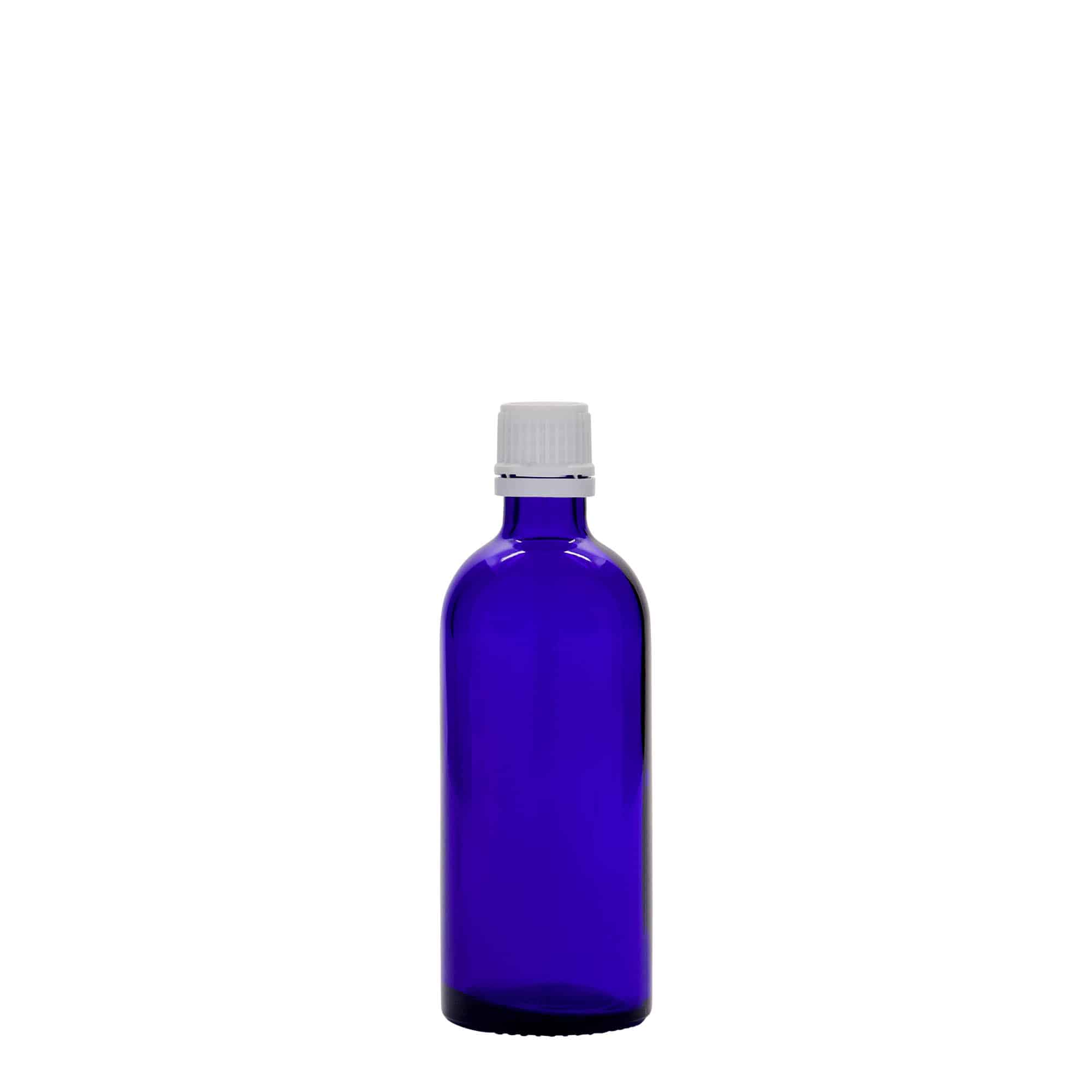 100 ml бутилка за лекарства, стъклена, кралско синьо, затваряне: винтова капачка с резба DIN 18