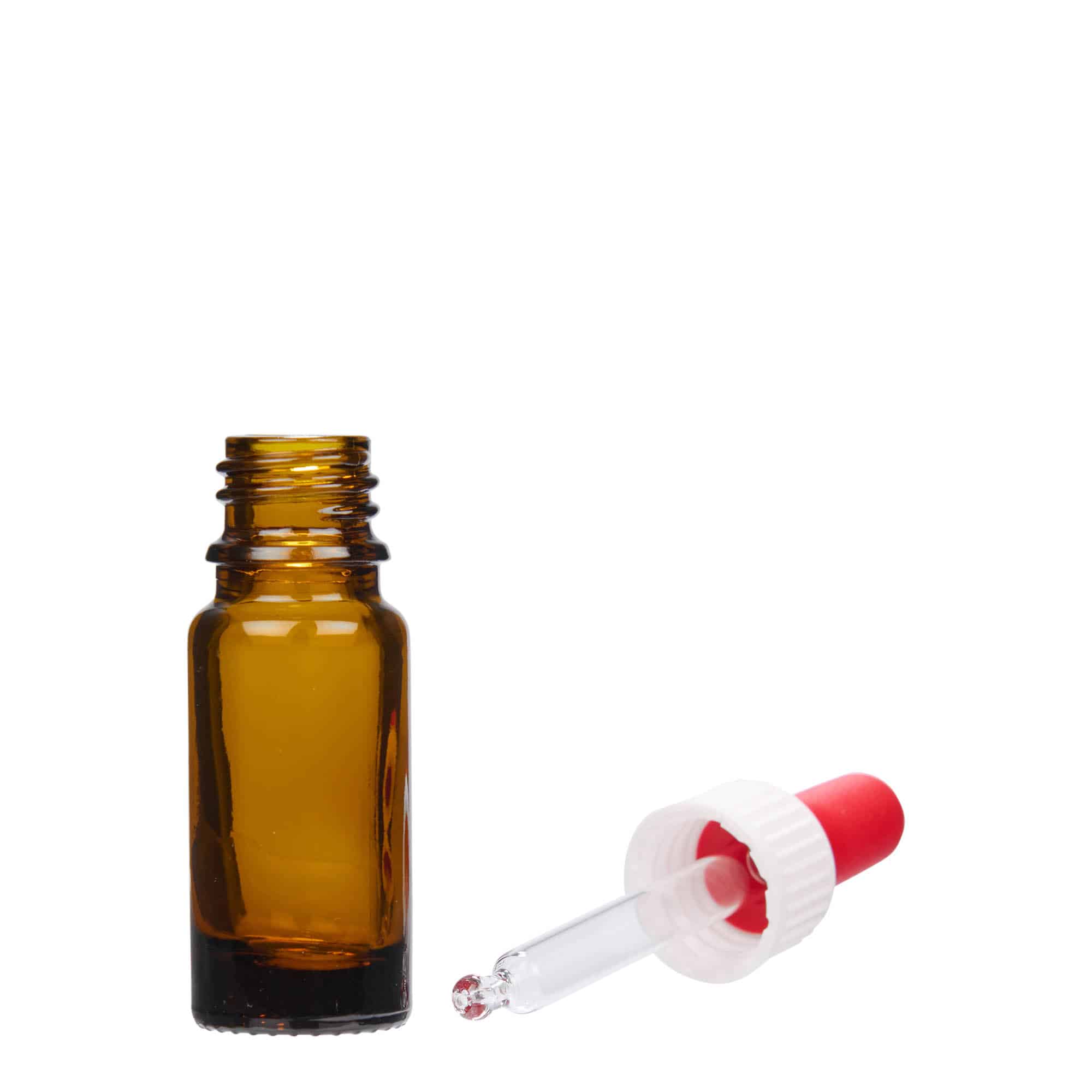 10 ml бутилка за лекарства с пипета, стъклена, кафява, затваряне: винтова капачка с резба DIN 18