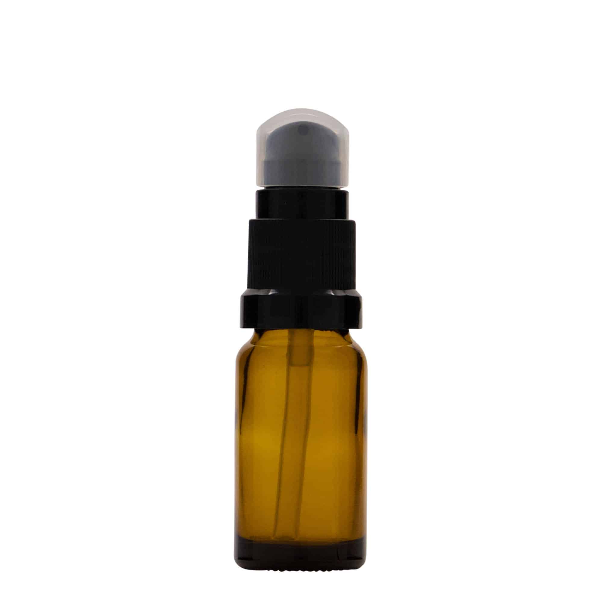 10 ml бутилка за лекарства с лосион помпа, стъклена, кафява, затваряне: винтова капачка с резба DIN 18