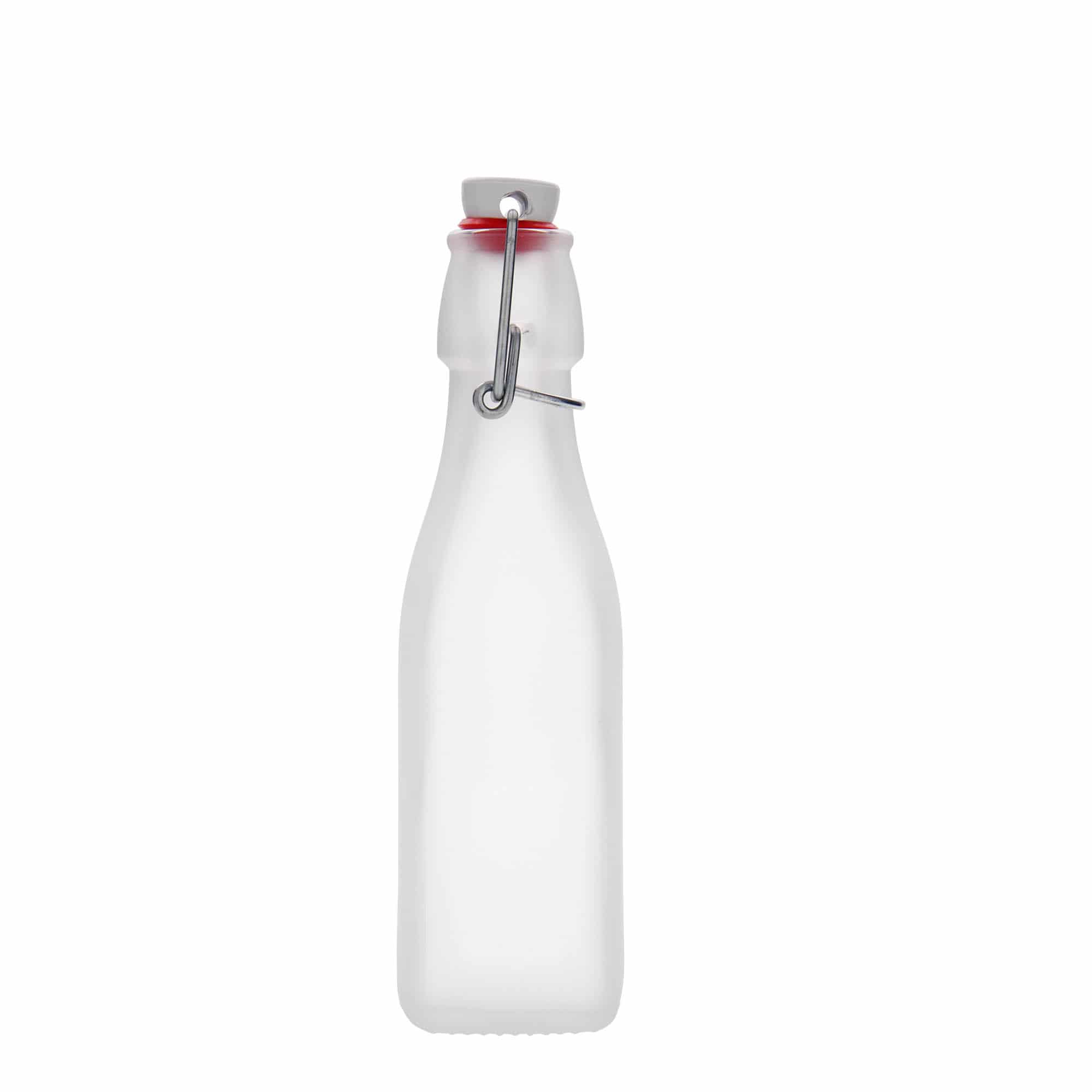 250 ml стъклена бутилка „Swing“, квадратна, бяла, затваряне: тапа с клипс