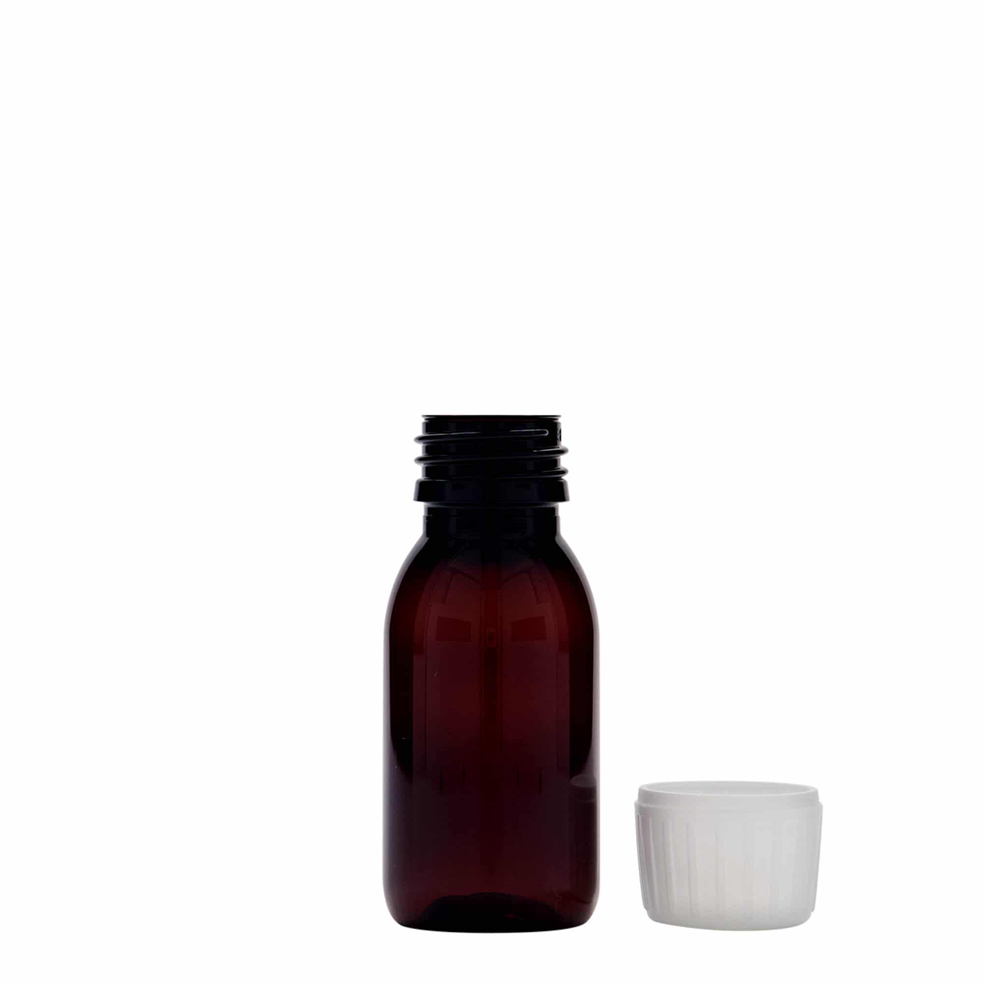 60 ml PET бутилка за лекарства, кафява, пластмасова, затваряне: капачка PP 28