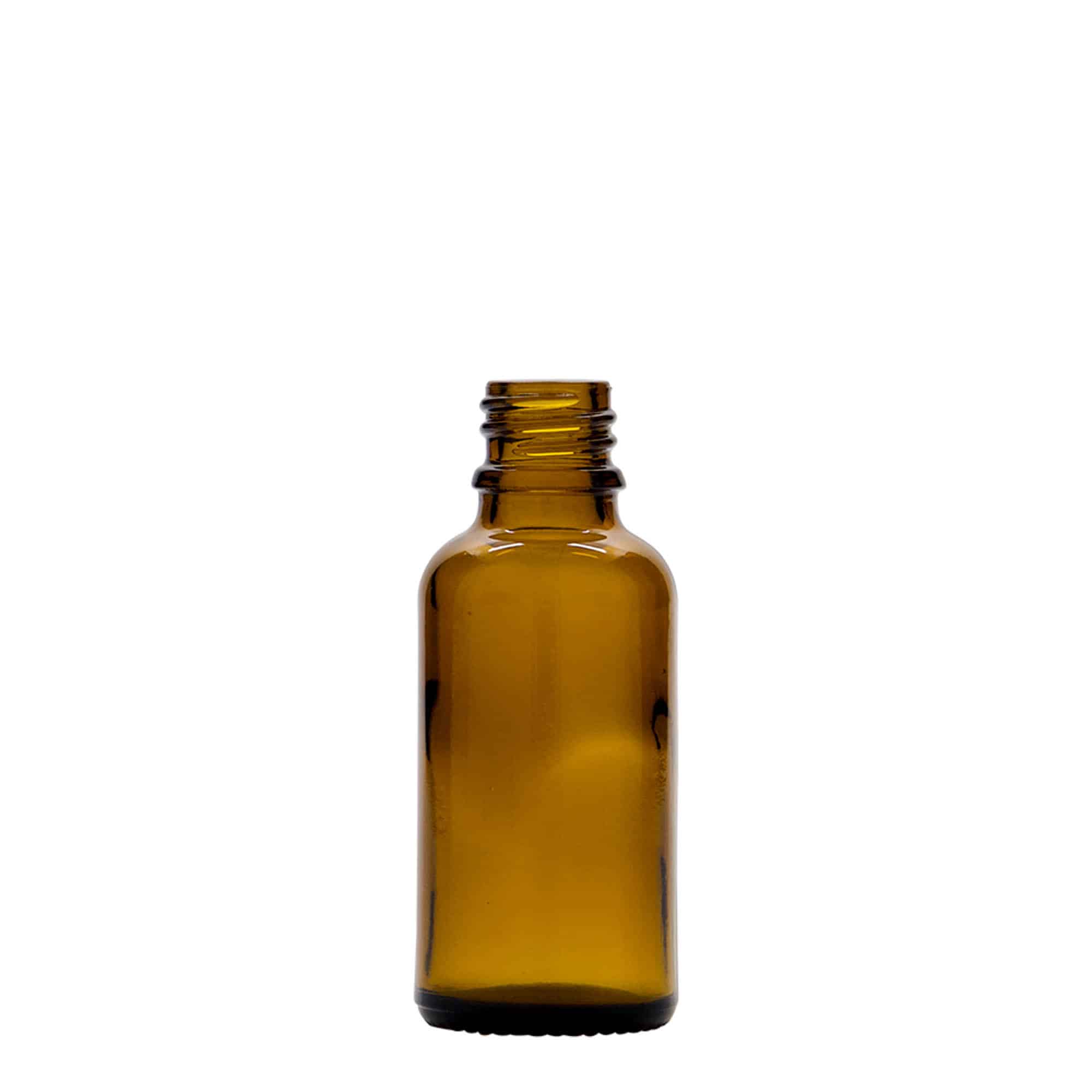 30 ml спрей бутилка за лекарства, стъклена, кафява, затваряне: винтова капачка с резба DIN 18