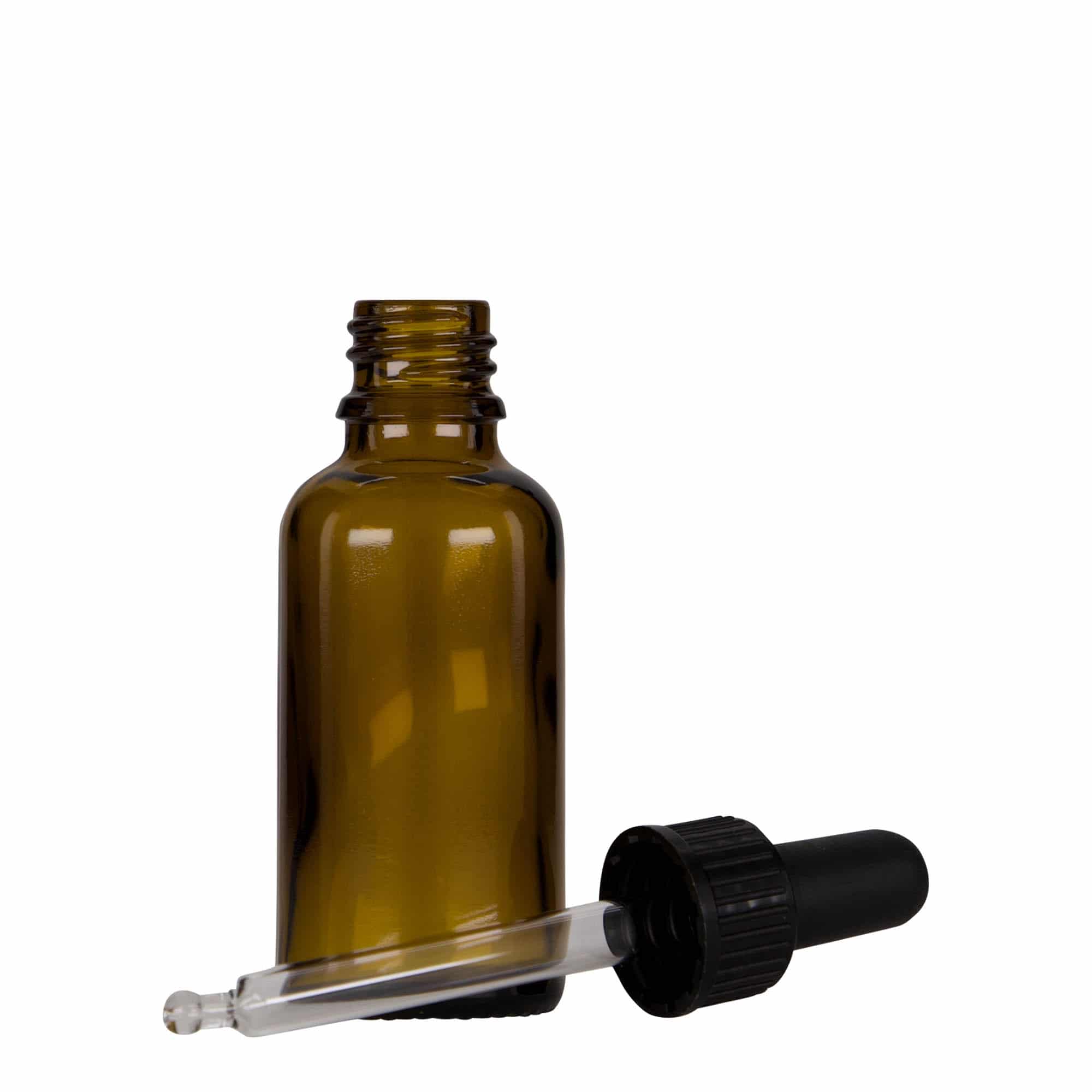 30 ml бутилка за лекарства с пипета, стъклена, кафяво-черна, затваряне: винтова капачка с резба DIN 18