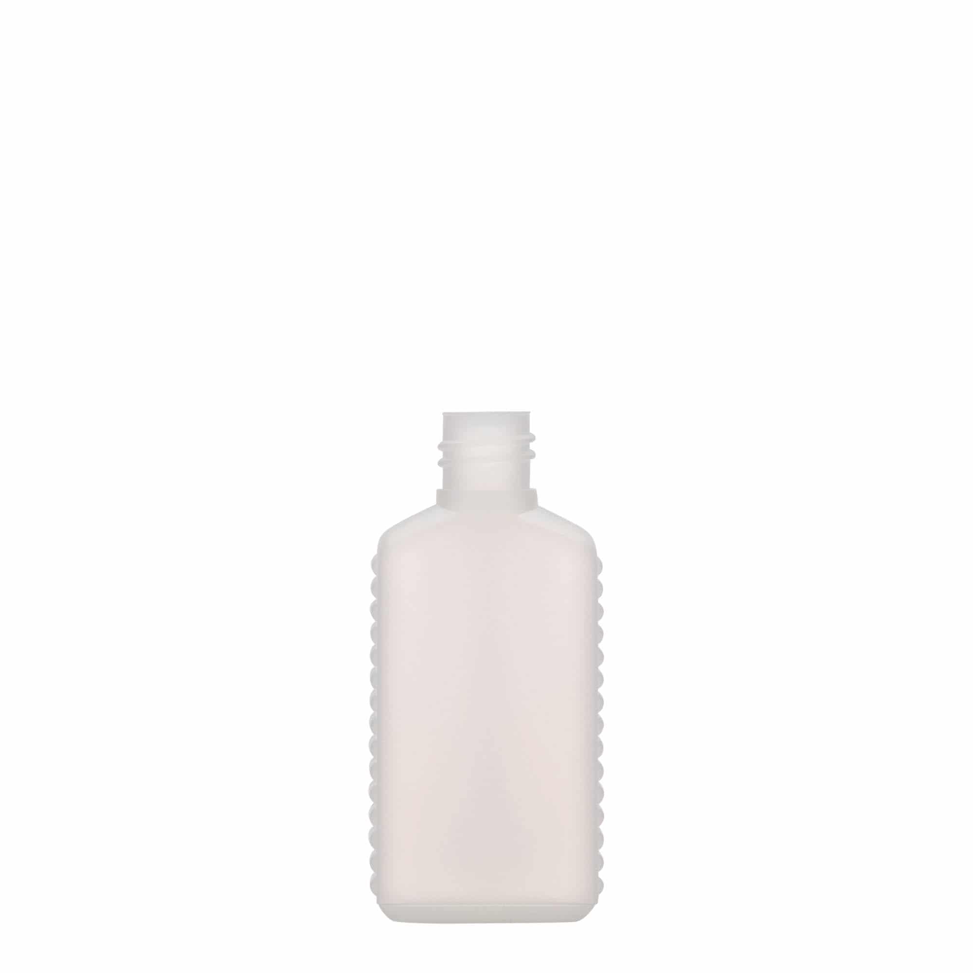50 ml бутилка тип туба с тясно гърло, правоъгълна, HDPE пластмаса, естествен цвят, затваряне: винтова капачка с резба DIN 18 50 ml бутилка тип туба с тясно гърло, правоъгълна, HDPE пластмаса, естествен цвят, затваряне: винтова капачка с резба DIN 18