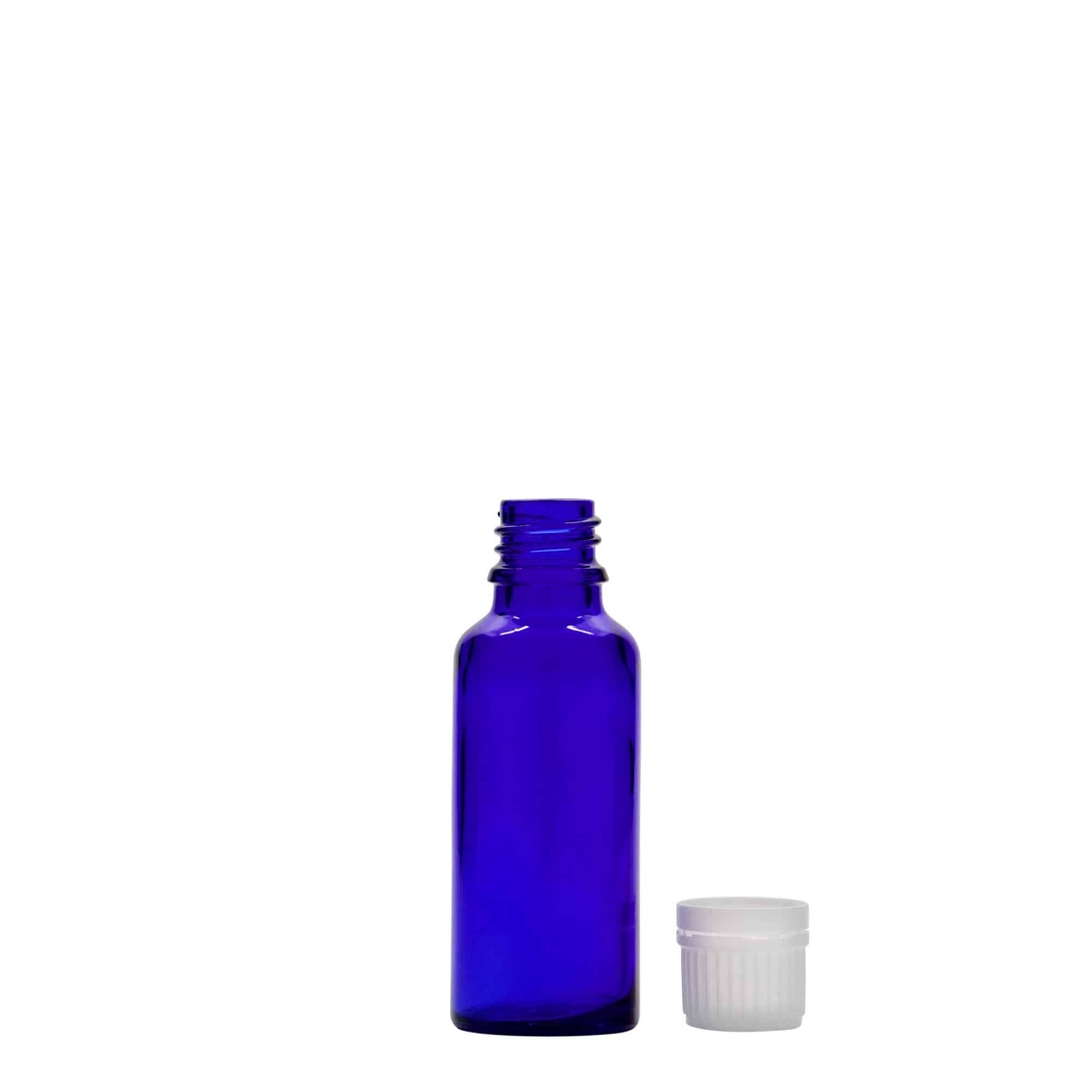 30 ml бутилка за лекарства, стъклена, кралско синьо, затваряне: винтова капачка с резба DIN 18