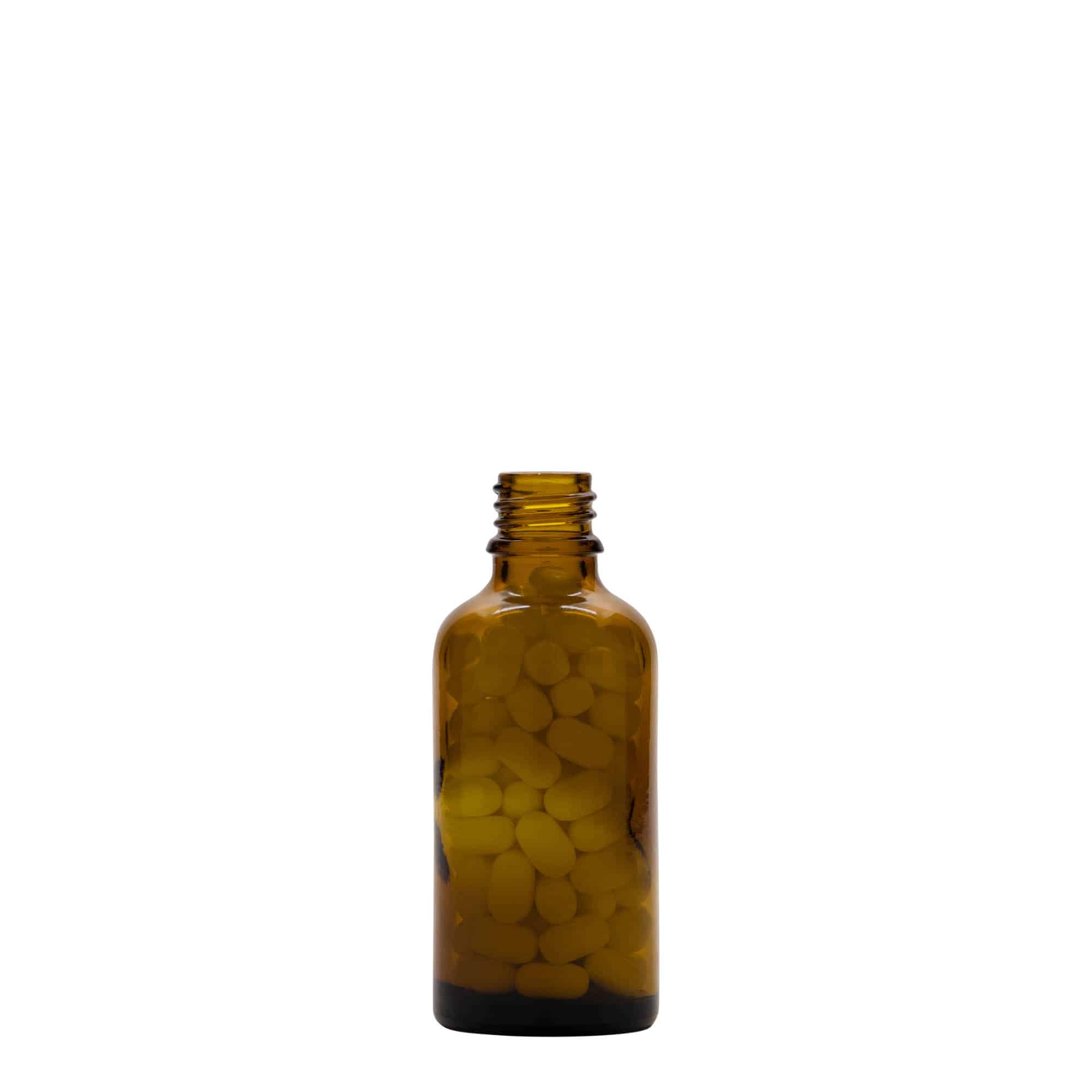 50 ml бутилка за лекарства, стъклена, кафява, затваряне: винтова капачка с резба DIN 18
