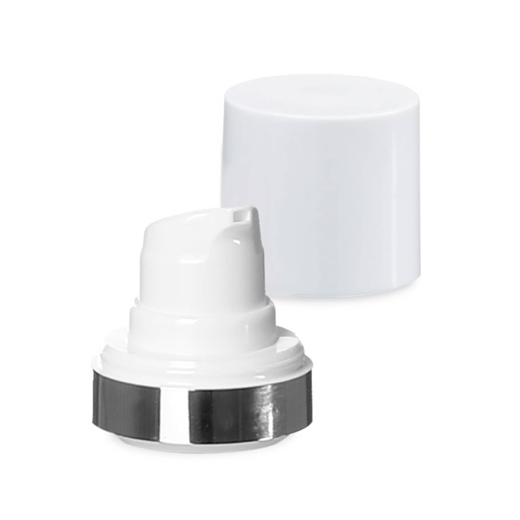 Airless глава Micro сребрист кант + бяла, лъскава капачка за щепсел Airless глава Micro сребрист кант + бяла, лъскава капачка за щепсел