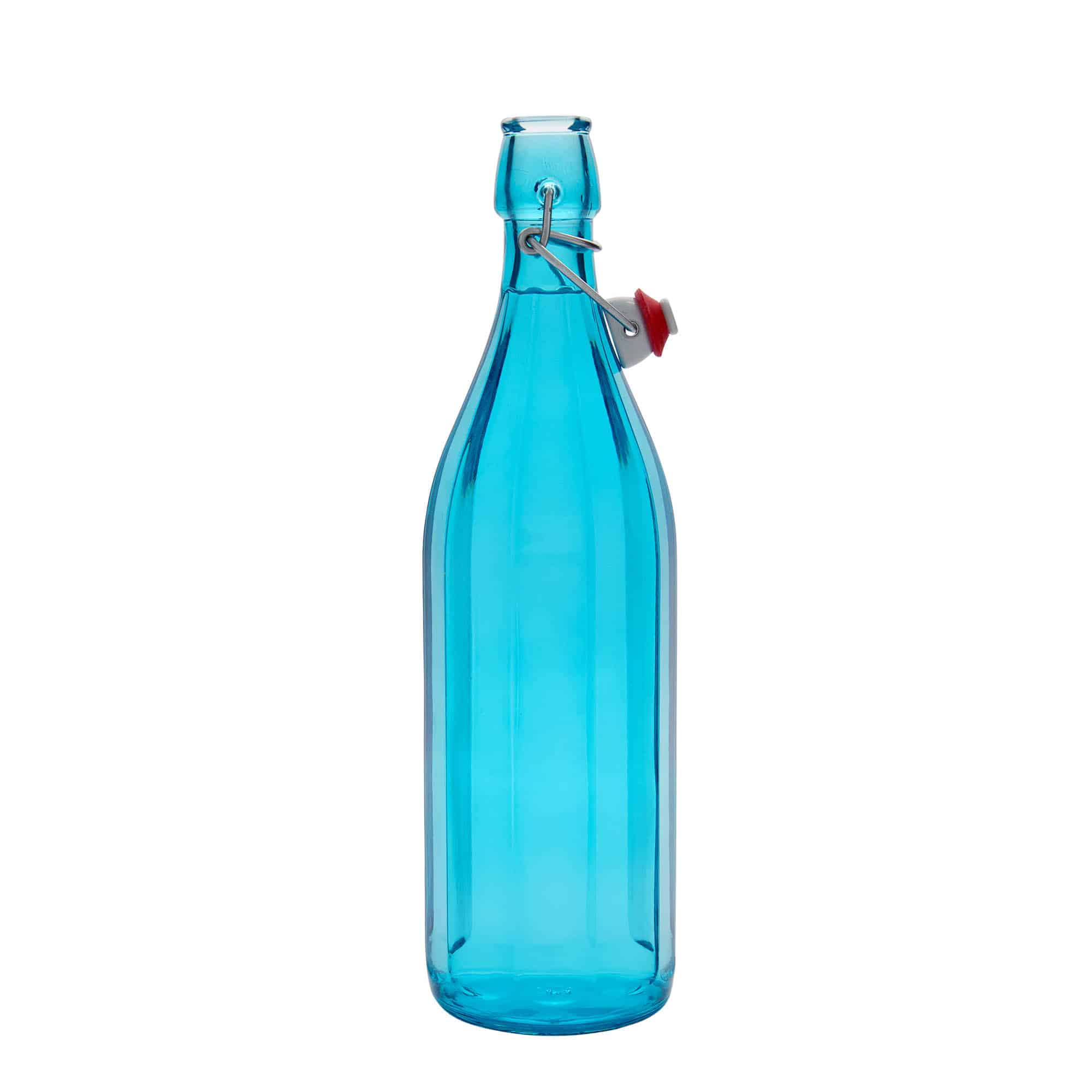 1000 ml стъклена бутилка „Оксфорд“, десетоъгълна, лазурно синя, затваряне: тапа с клипс