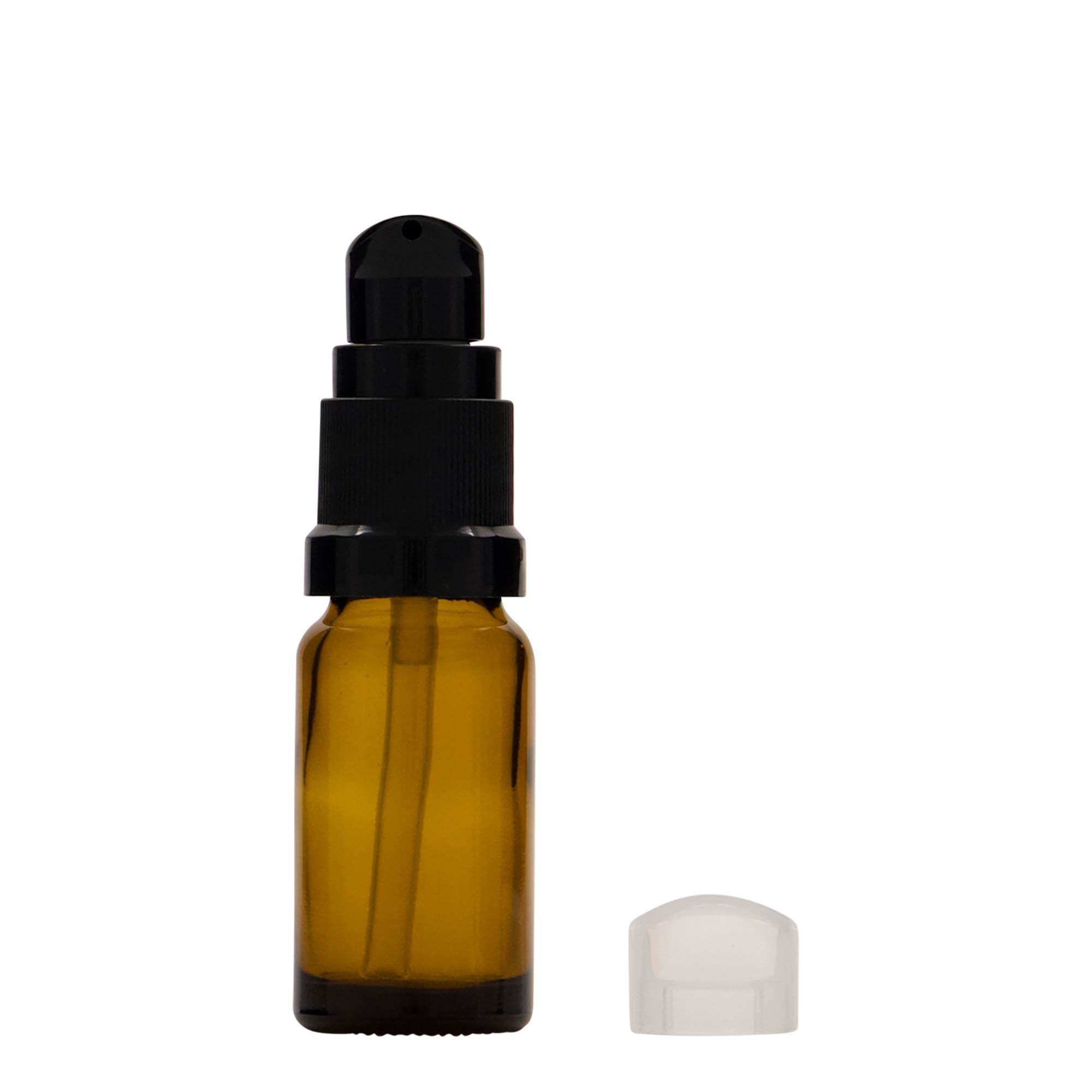 10 ml бутилка за лекарства с лосион помпа, стъклена, кафява, затваряне: винтова капачка с резба DIN 18