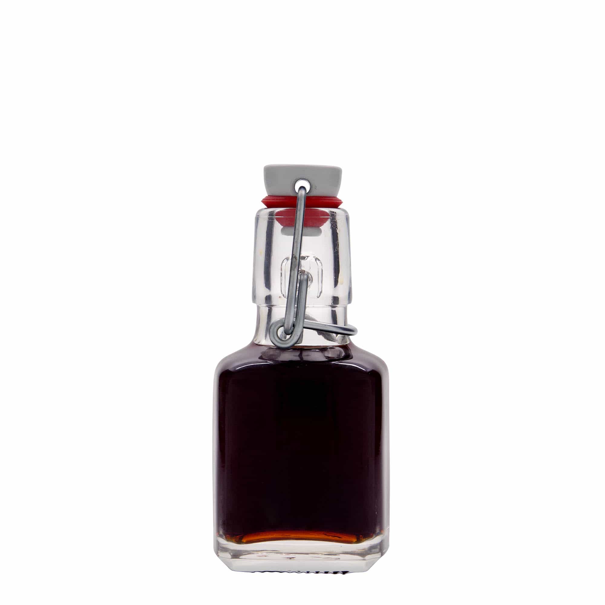100 ml стъклена бутилка „Kubica“, квадратна, затваряне: тапа с клипс