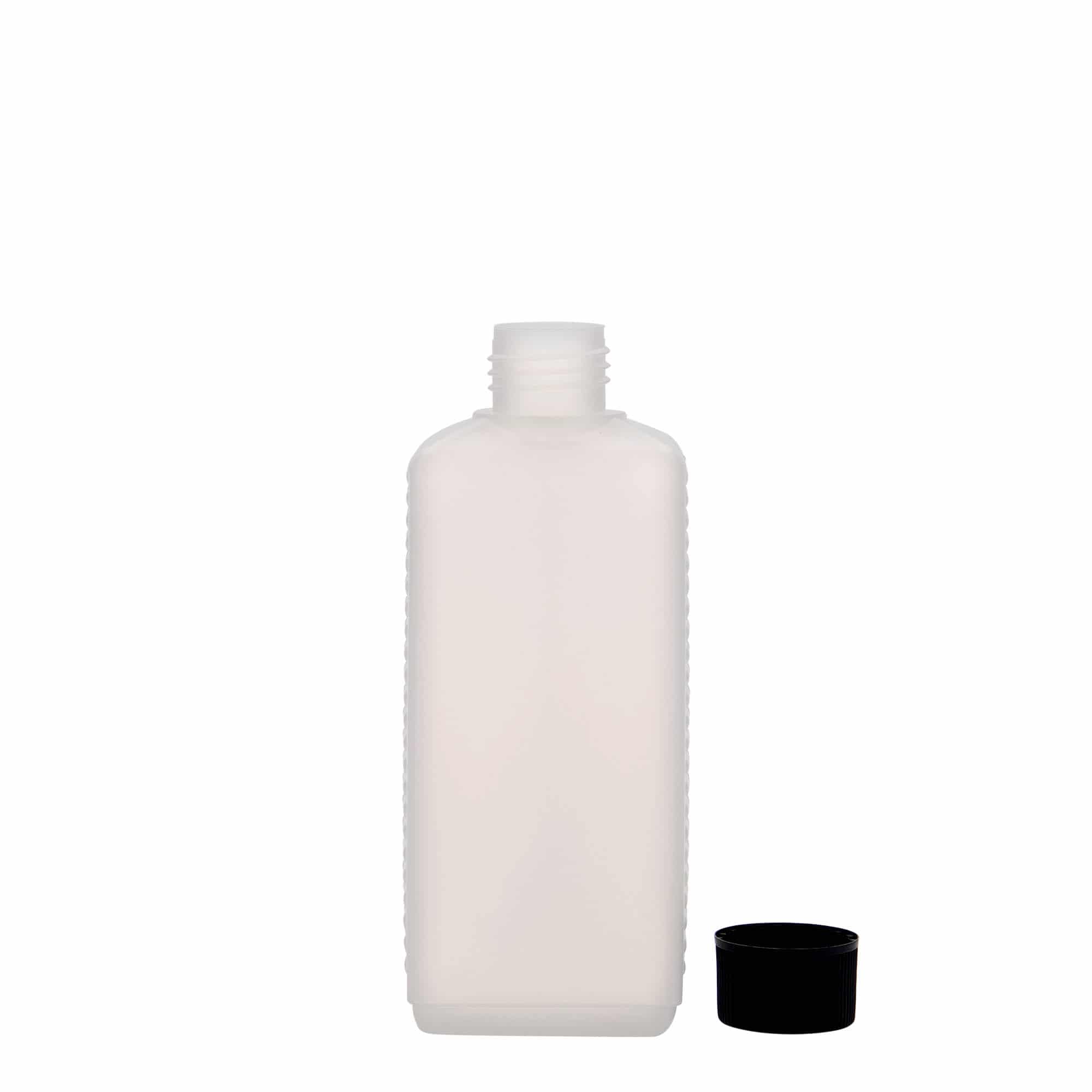 250 ml бутилка тип туба, правоъгълна, HDPE пластмаса, естествен цвят, затваряне: винтова капачка с резба DIN 25 EPE