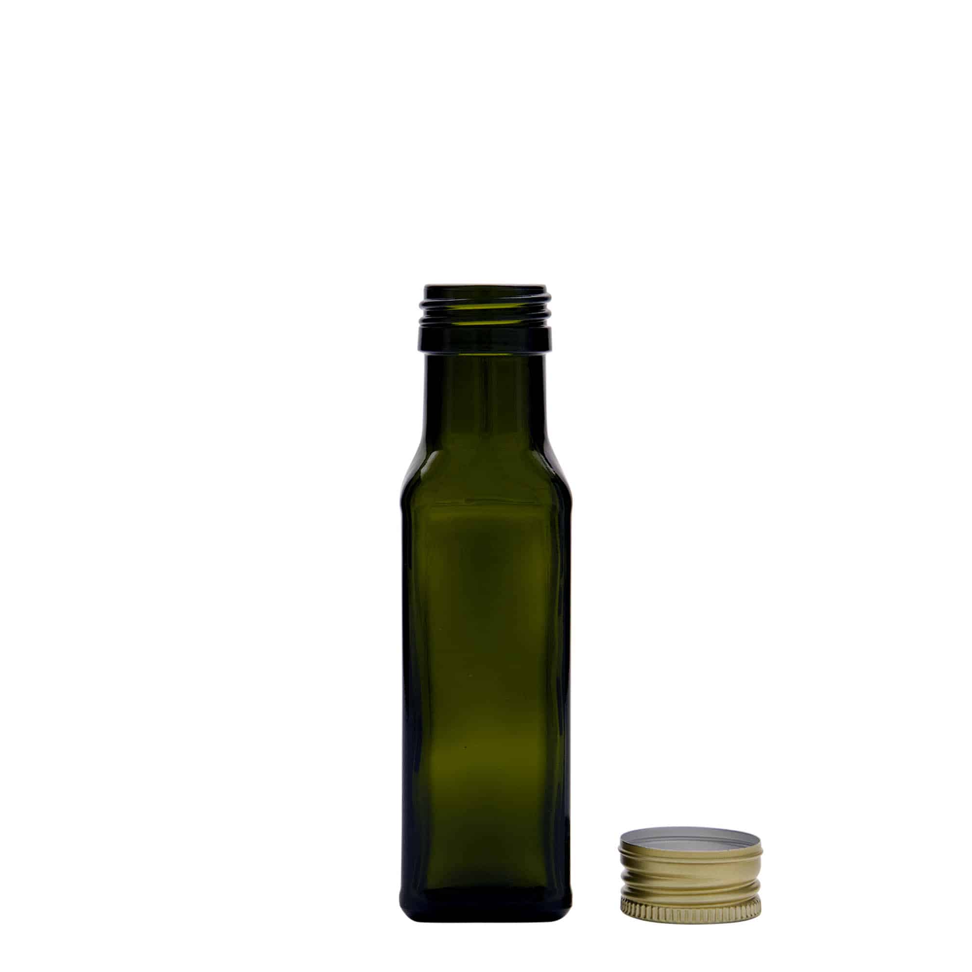 100 ml стъклена бутилка „Marasca“, квадратна, антично зелена, затваряне: капачка PP 31,5