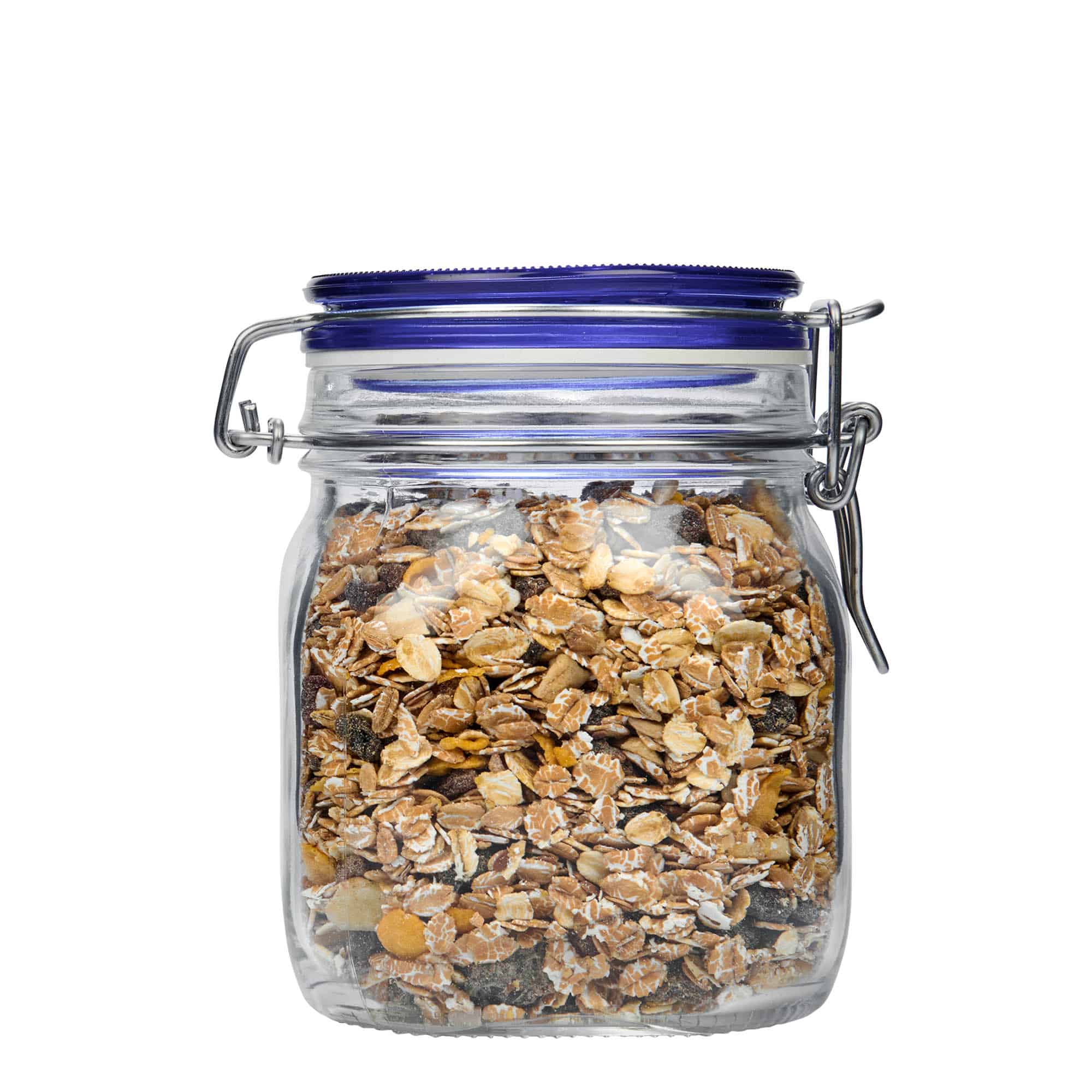 750 мл стъклен буркан с телена закопчалка 'Fido' със син капак, квадратен, отвор: телена закопчалка