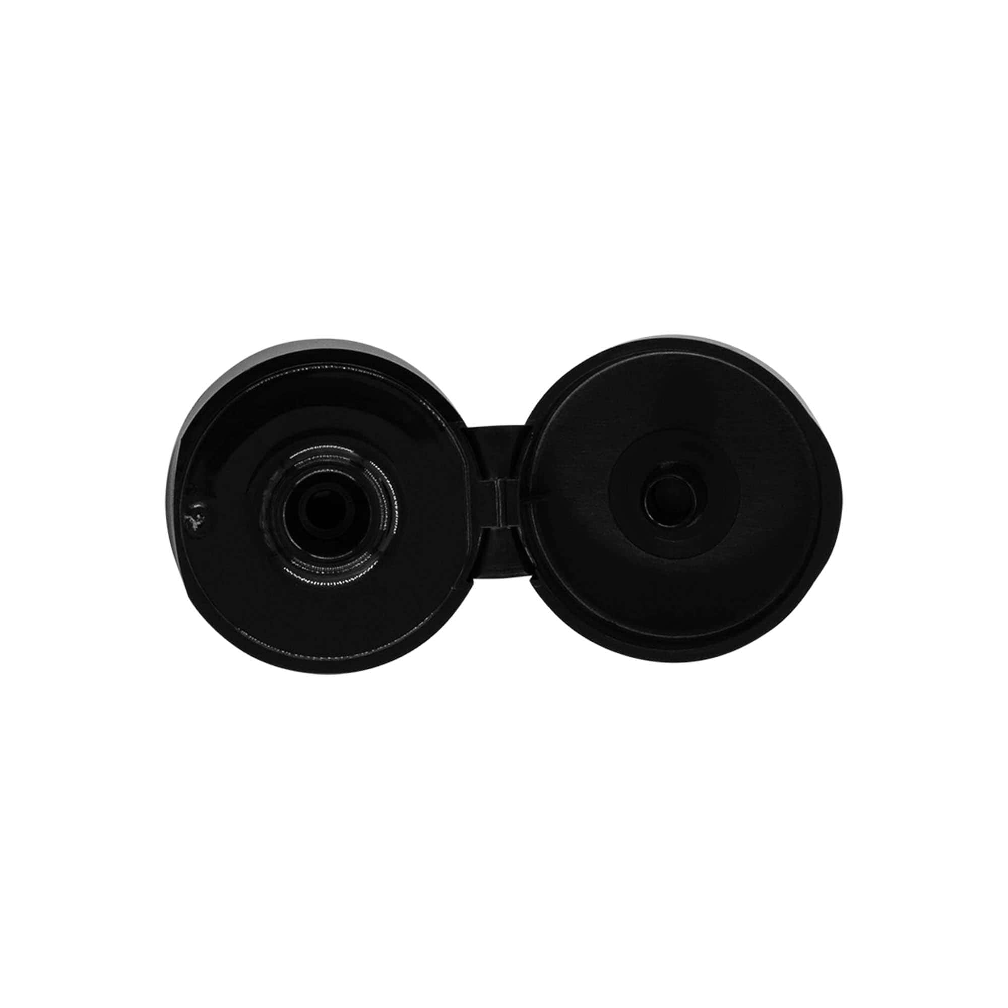 Винтова капачка с панта, PP-пластмаса, черна, за отвор: 24/410 Винтова капачка с панта, PP-пластмаса, черна, за отвор: 24/410