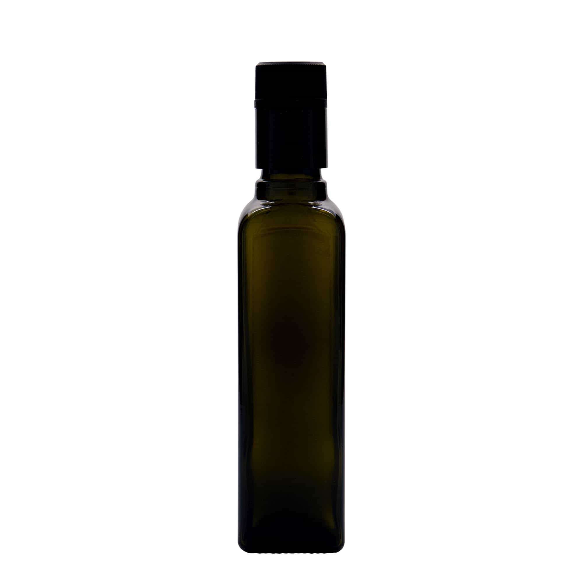 250 ml бутилка за оцет/олио „Quadra“, стъклена, квадратна, антично зелено, затваряне: без възможност за повторно пълнене