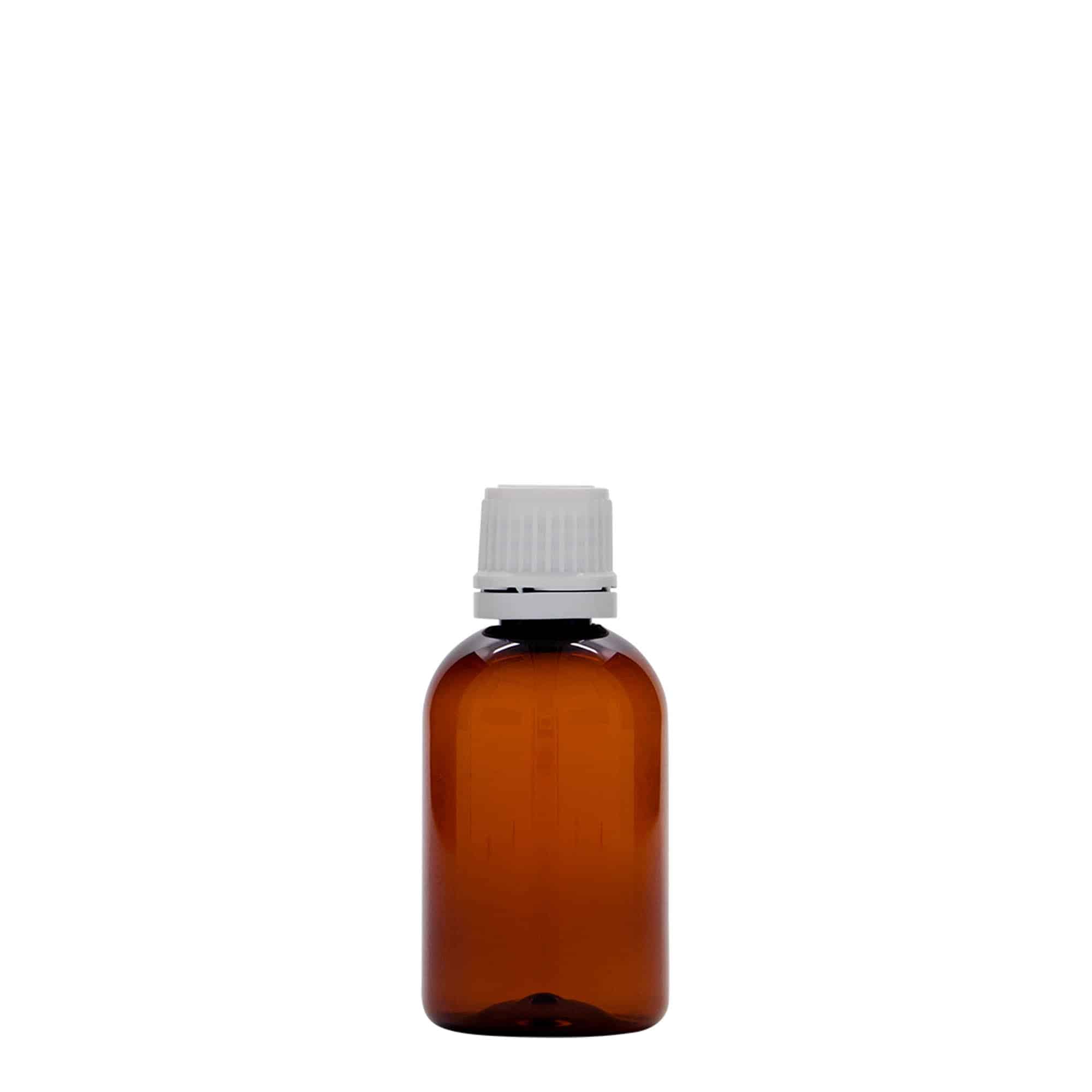 50 ml бутилка за лекарства „Easy Living“, кафява, пластмасова, затваряне: винтова капачка с резба DIN 18