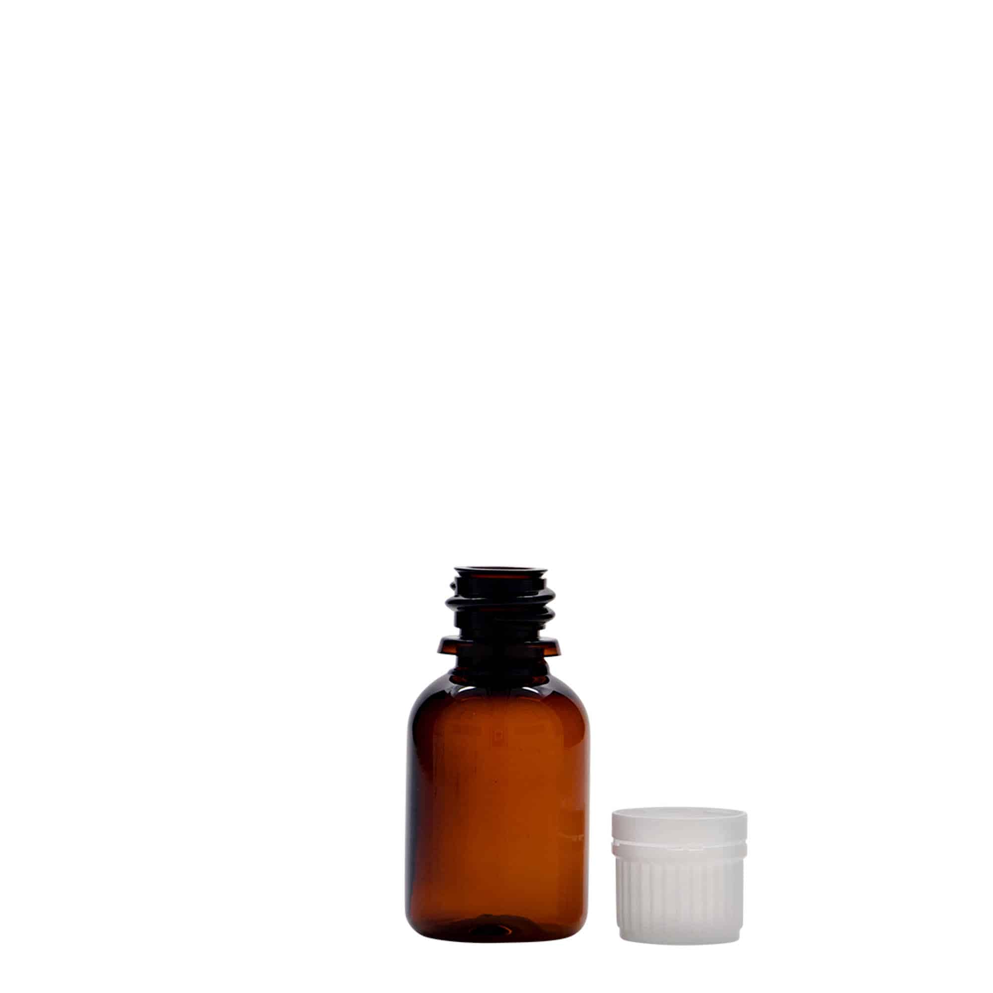 20 ml PET бутилка за лекарства „Easy Living“, кафява, пластмасова, затваряне: винтова капачка с резба DIN 18