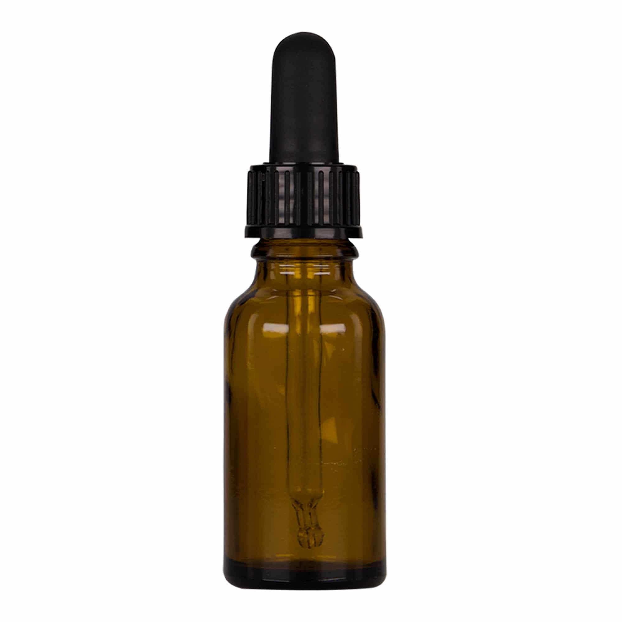 20 ml бутилка за лекарства с пипета, стъклена, кафяво-черна, затваряне: винтова капачка с резба DIN 18 20 ml бутилка за лекарства с пипета, стъклена, кафяво-черна, затваряне: винтова капачка с резба DIN 18