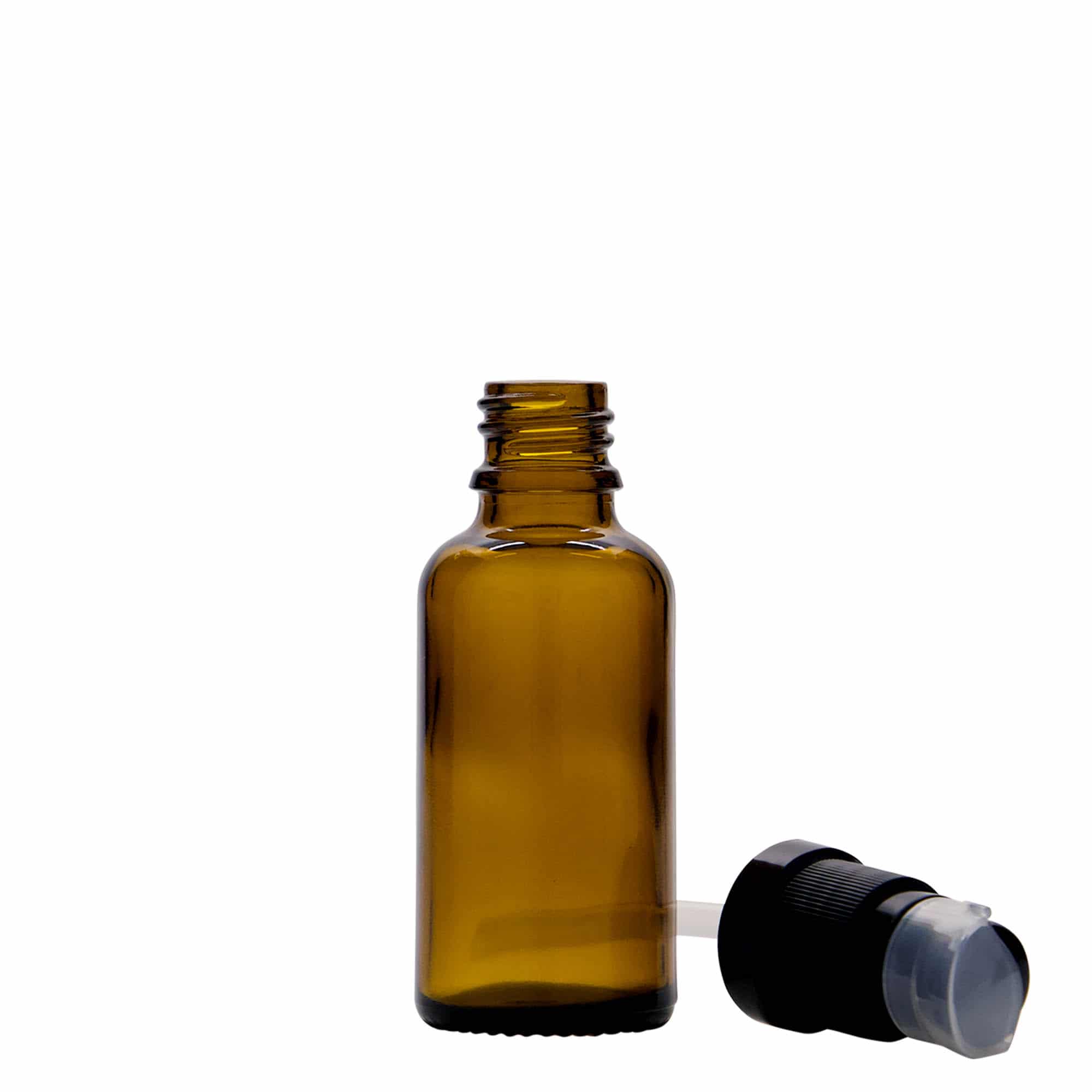 30 ml бутилка за лекарства с лосион помпа, стъклена, кафява, затваряне: винтова капачка с резба DIN 18