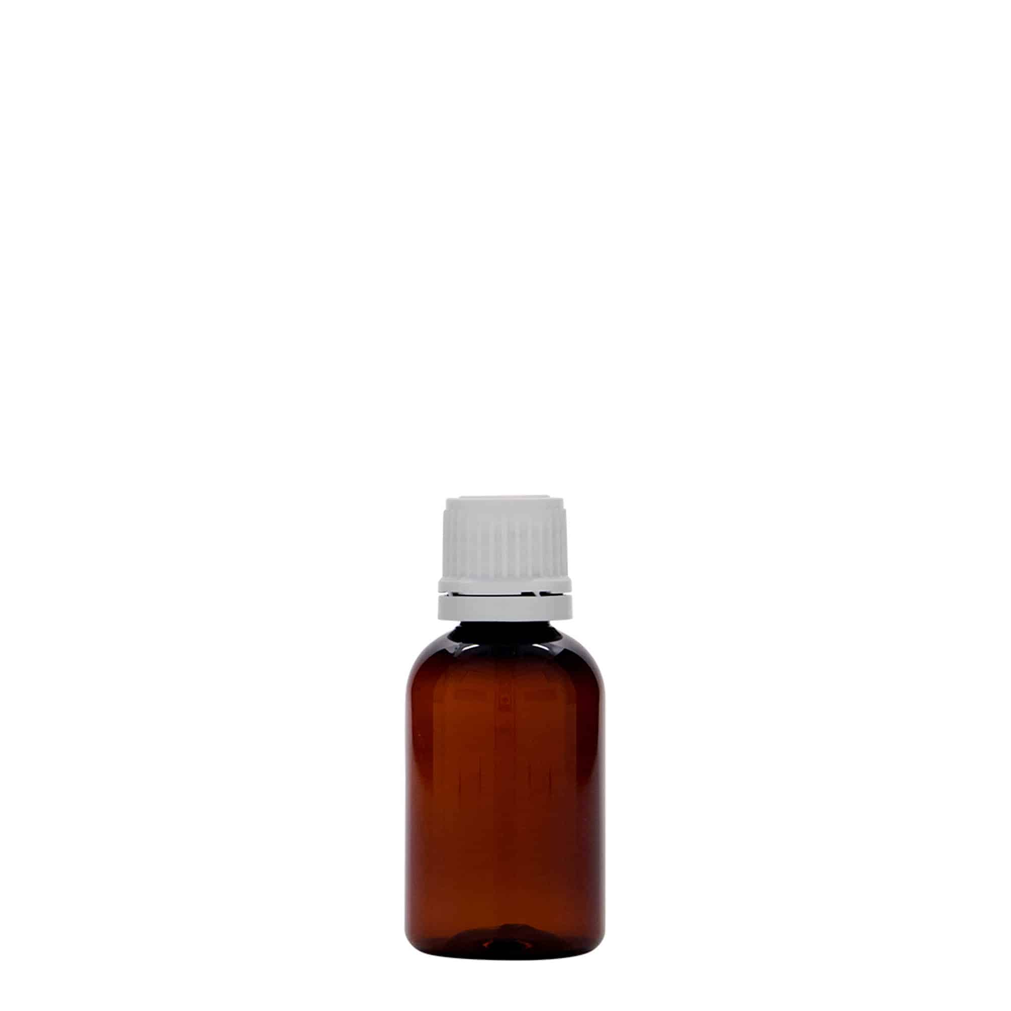 30 ml PET бутилка за лекарства „Easy Living“, кафява, пластмасова, затваряне: винтова капачка с резба DIN 18