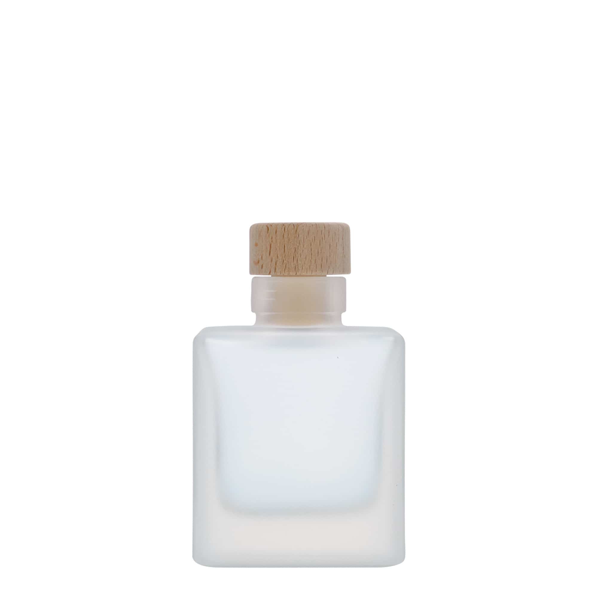 100 ml стъклена бутилка „Cube“, квадратна, със заскрежен ефект, затваряне: коркова тапа