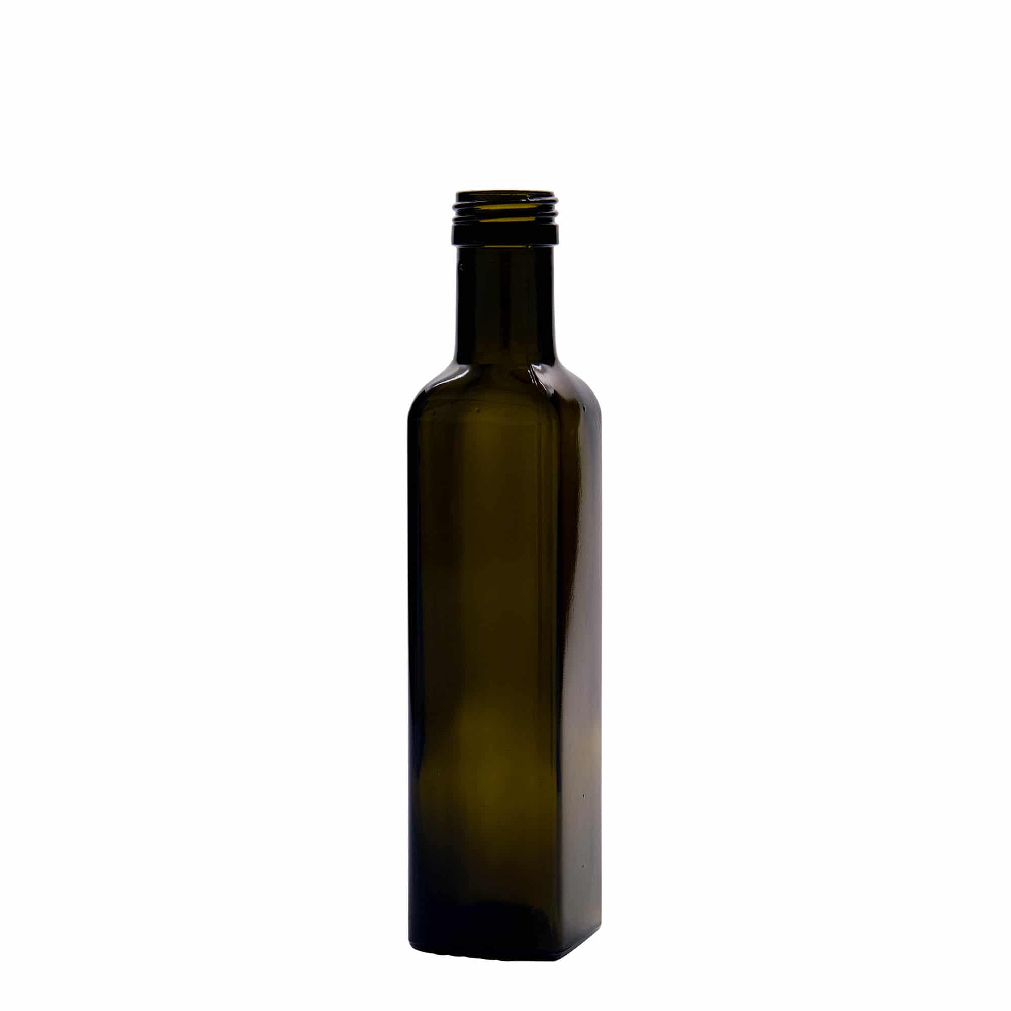250 ml стъклена бутилка „Marasca“, квадратна, антично зелено, затваряне: капачка PP 31,5