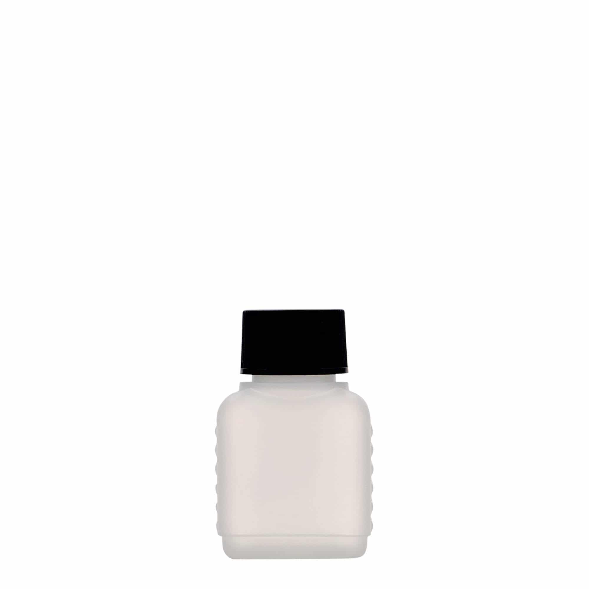 50 ml бутилка тип туба, правоъгълна, HDPE пластмаса, естествен цвят, затваряне: винтова капачка с резба DIN 25