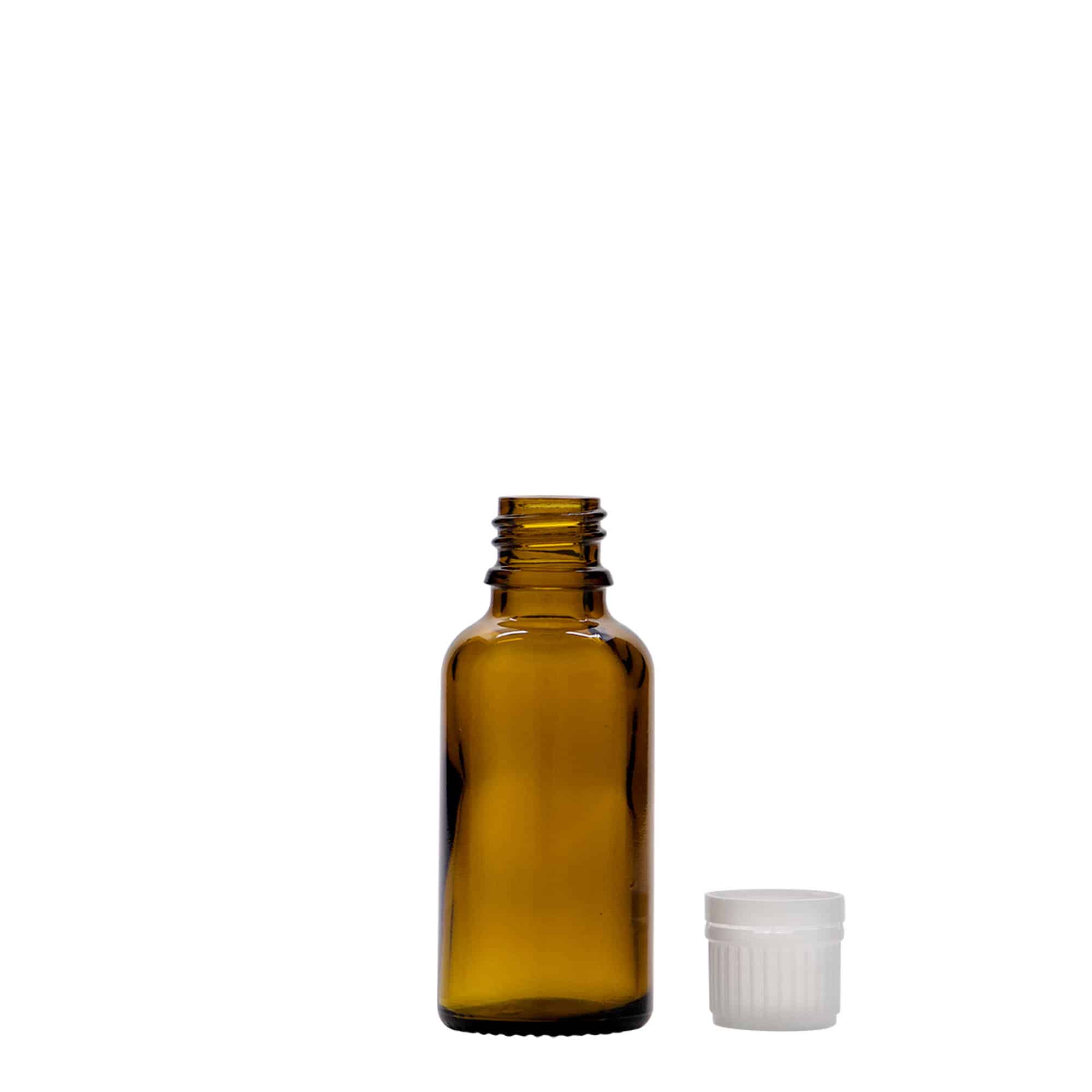 30 ml бутилка за лекарства, стъклена, кафява, затваряне: винтова капачка с резба DIN 18