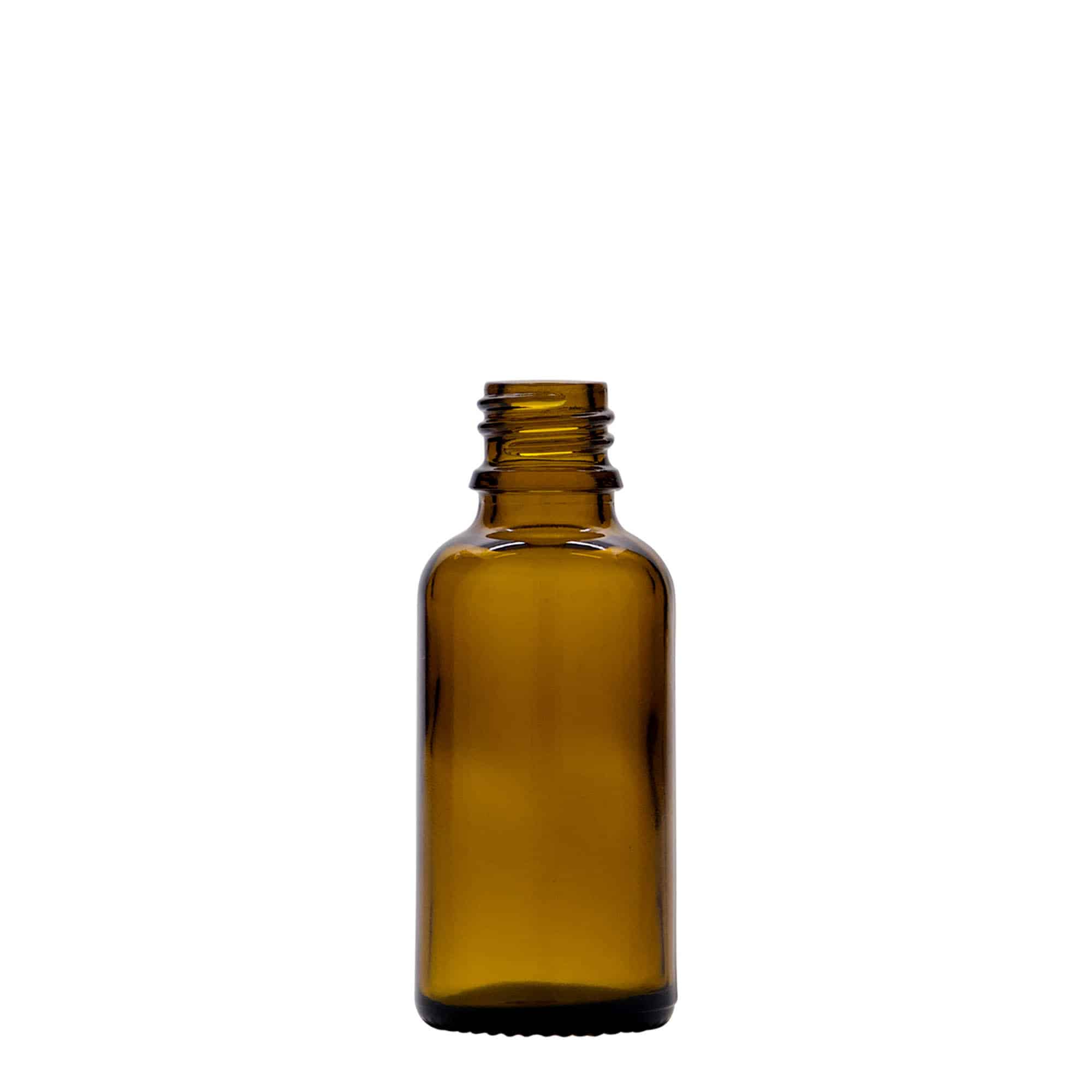 30 ml бутилка за лекарства с лосион помпа, стъклена, кафява, затваряне: винтова капачка с резба DIN 18