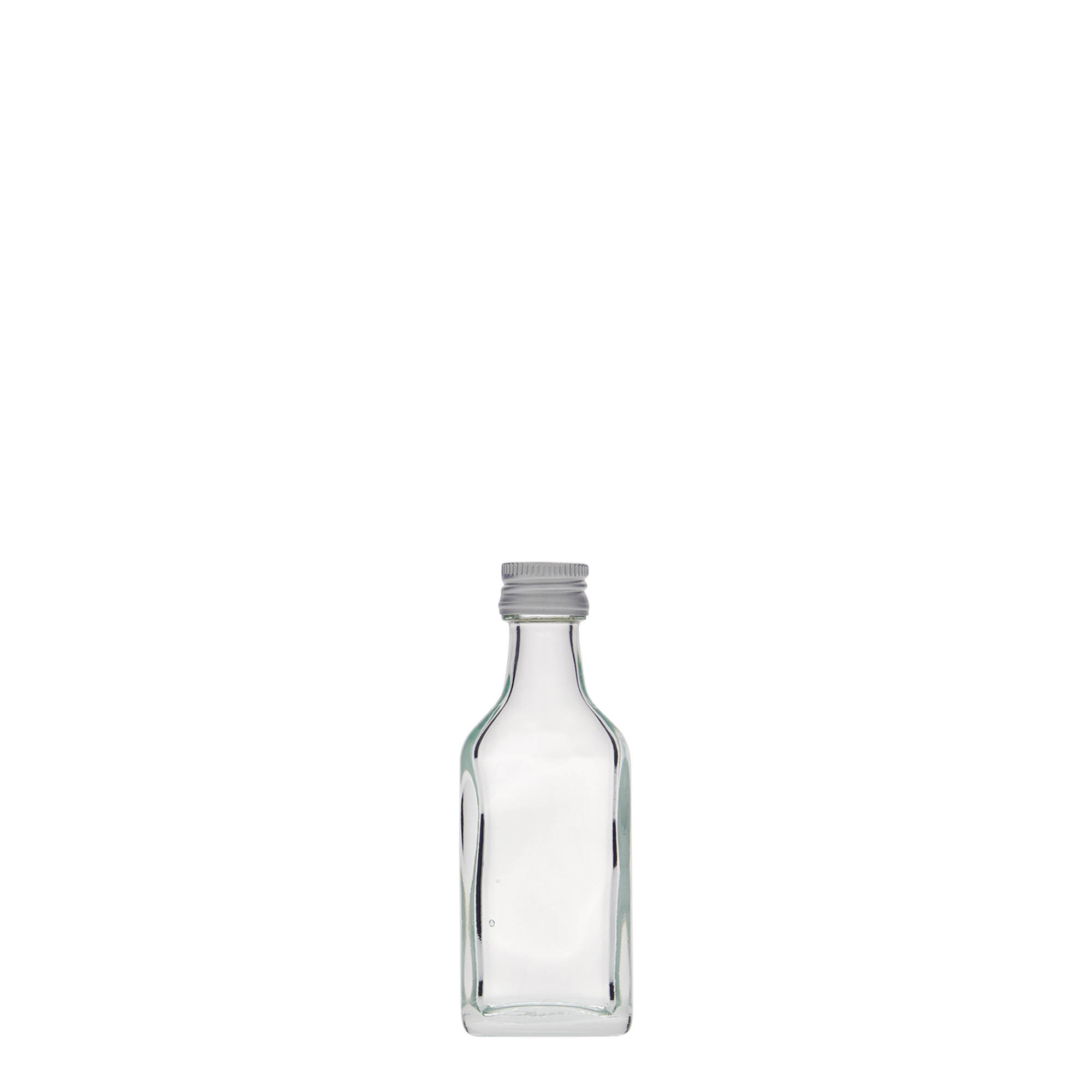 20 ml джобна бутилка, правоъгълна, стъклена, затваряне: капачка PP 18