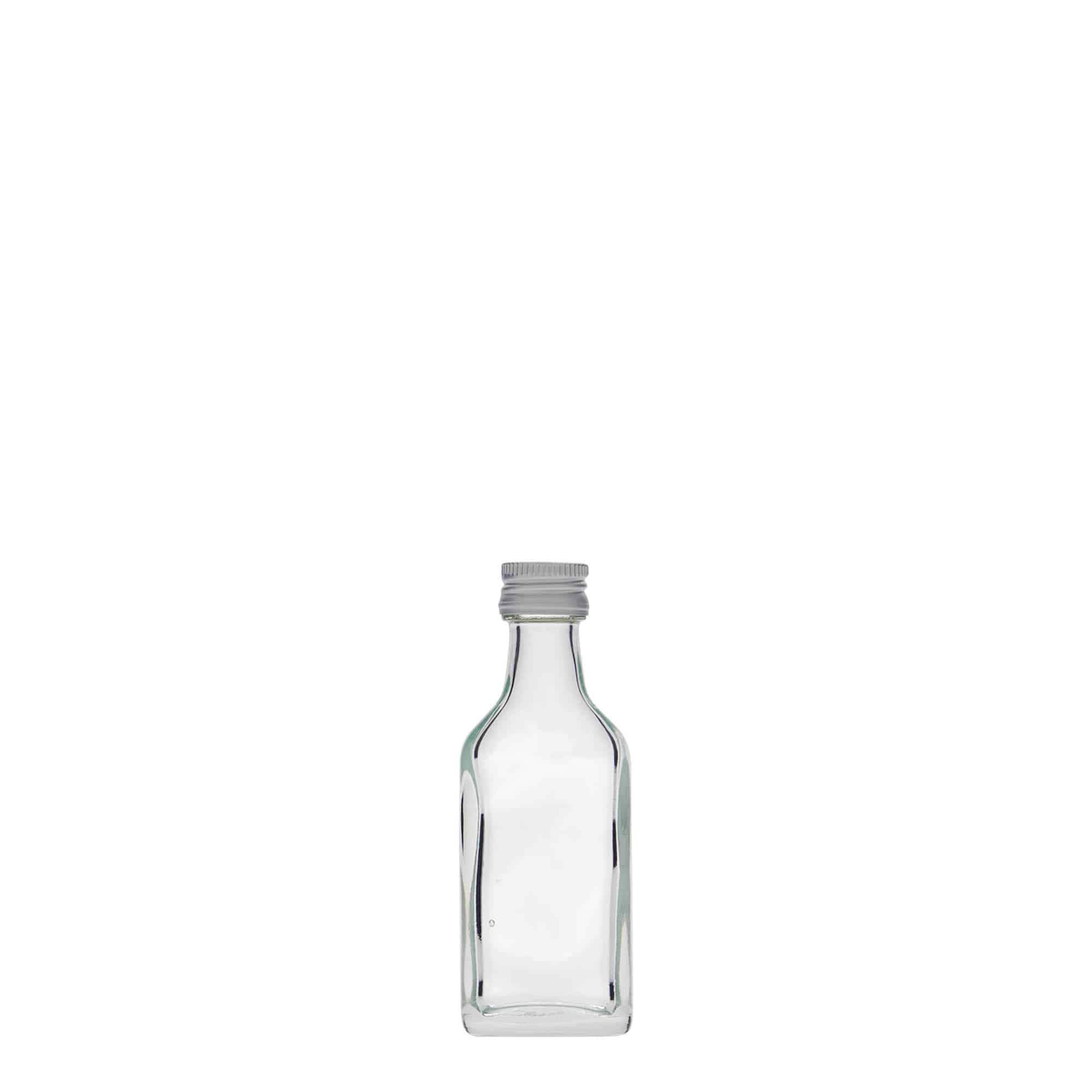 20 ml джобна бутилка, правоъгълна, стъклена, затваряне: капачка PP 18