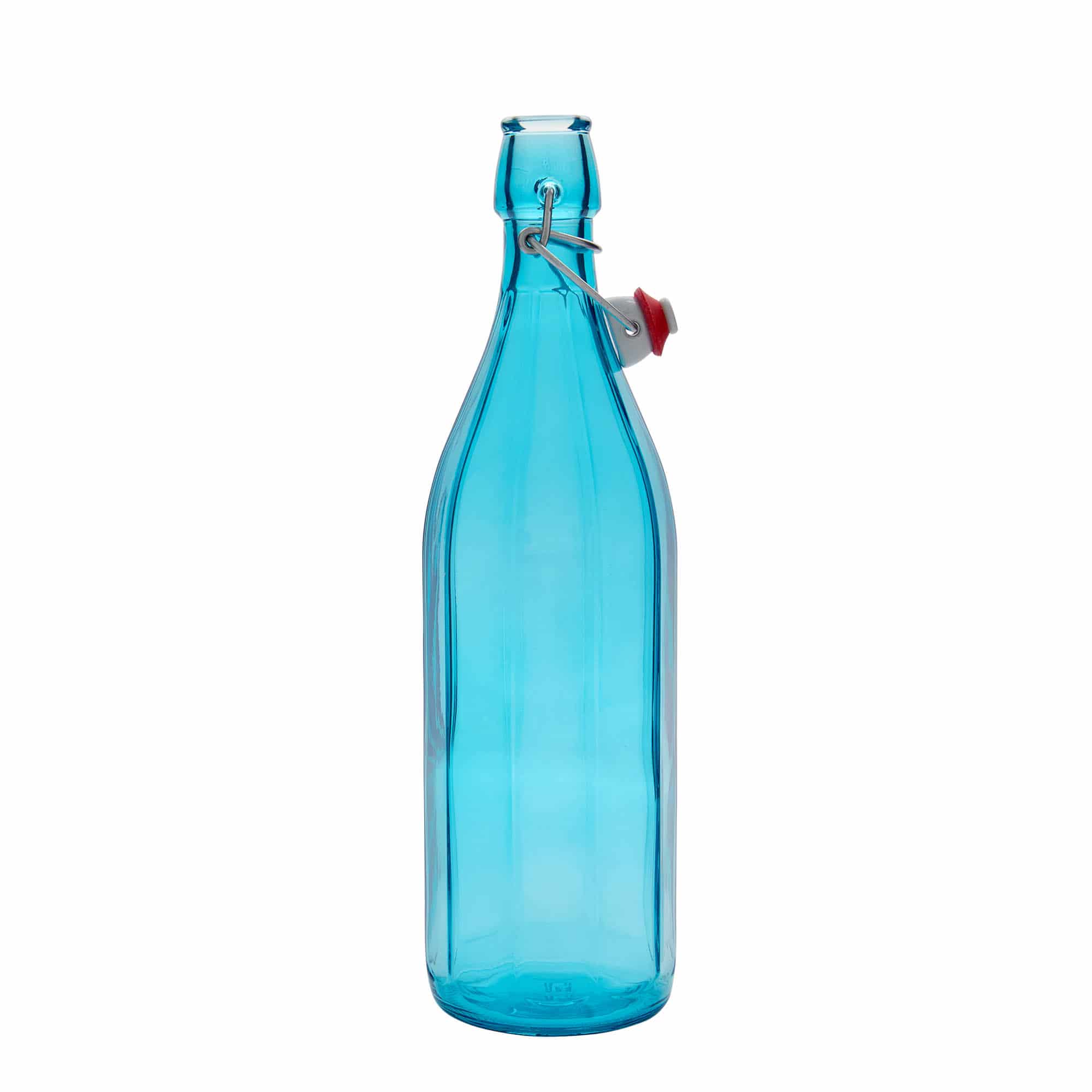 1000 ml стъклена бутилка „Оксфорд“, десетоъгълна, лазурно синя, затваряне: тапа с клипс