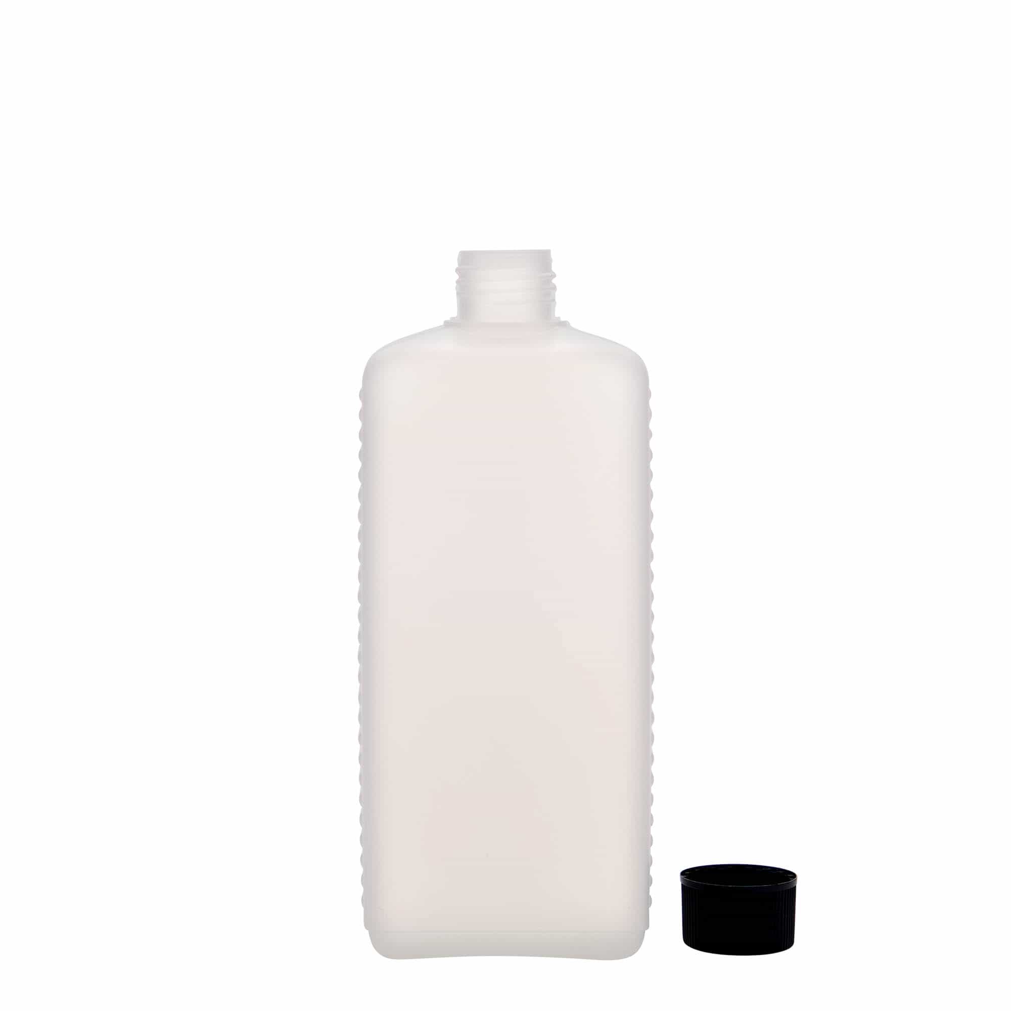 500 ml бутилка тип туба, правоъгълна, HDPE пластмаса, естествен цвят, затваряне: винтова капачка с резба DIN 25 EPE