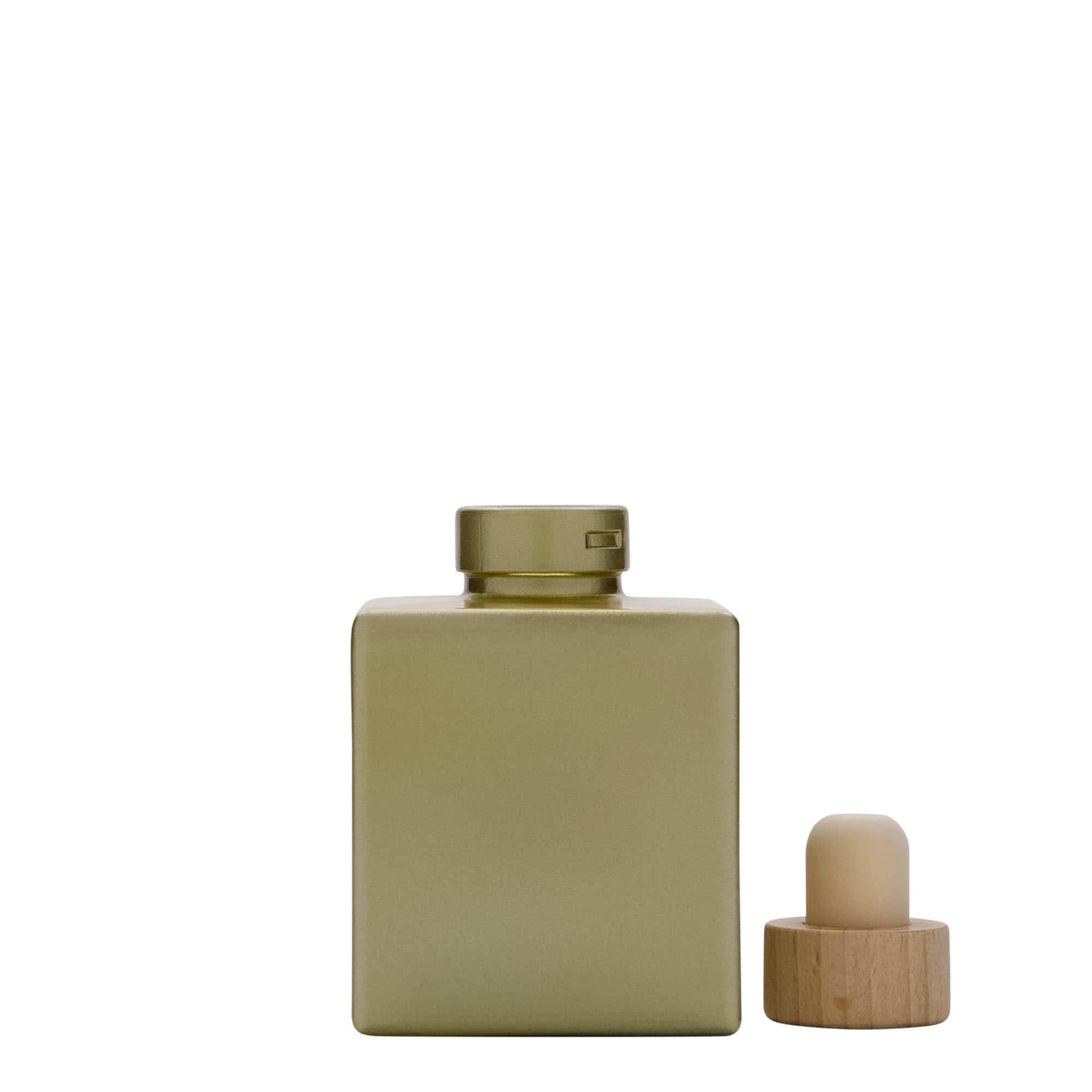 100 ml стъклена бутилка „Cube“, квадратна, златиста, затваряне: коркова тапа