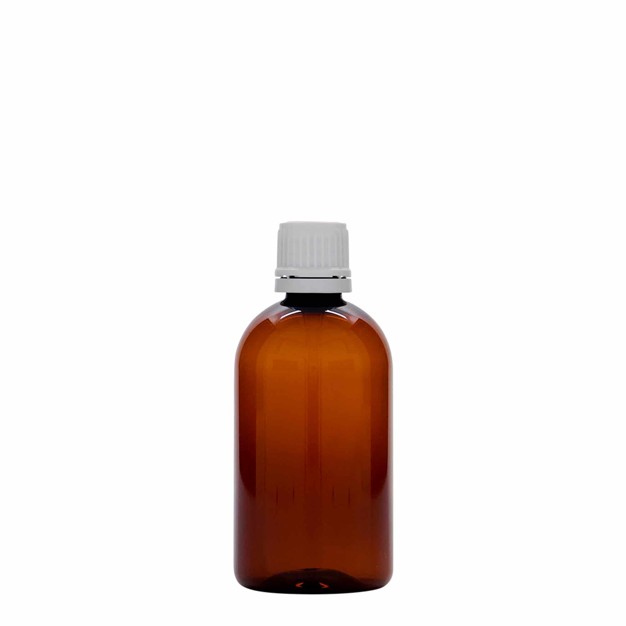 100 ml PET бутилка за лекарства „Easy Living“, кафява, пластмасова, затваряне: винтова капачка с резба DIN 18