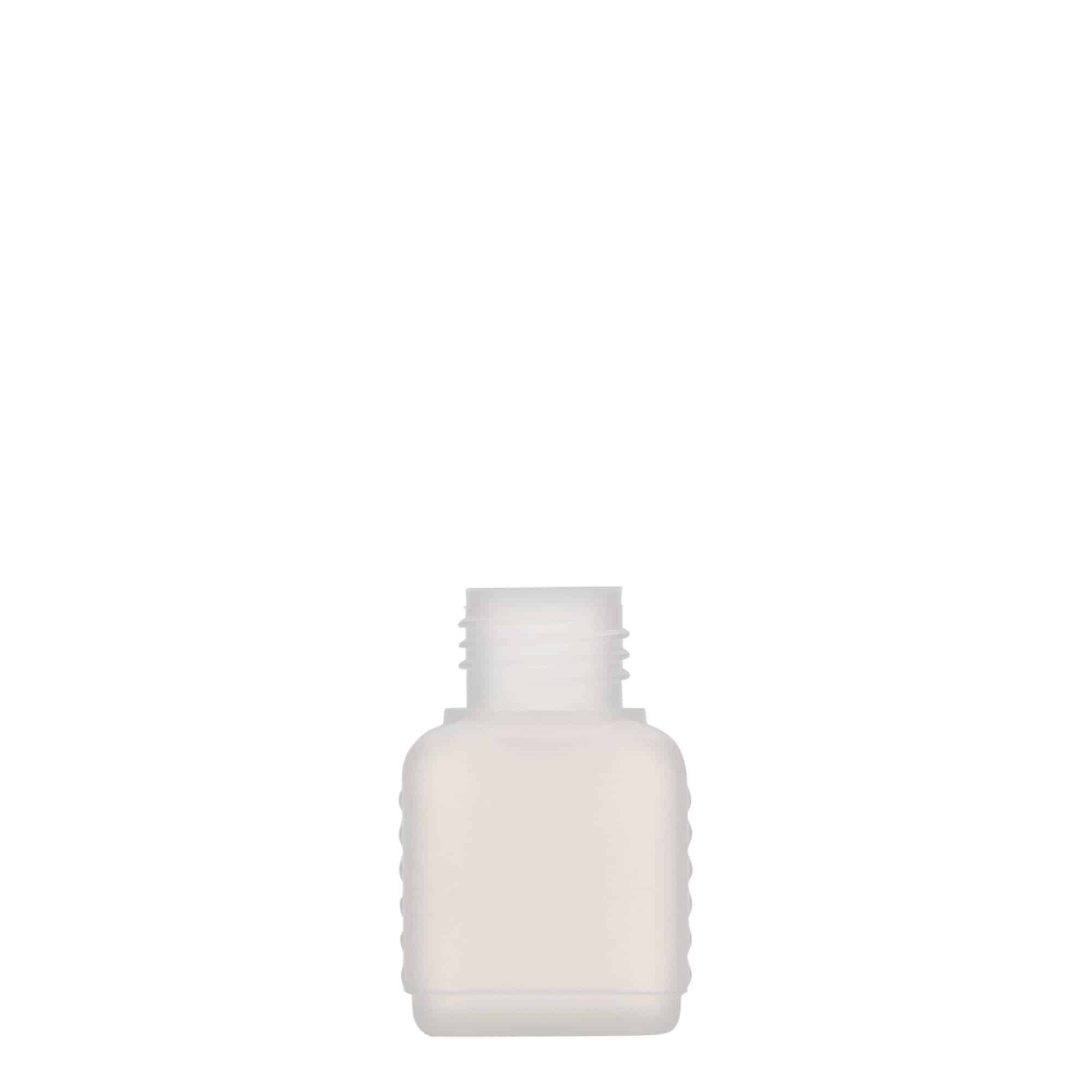 50 ml бутилка тип туба, правоъгълна, HDPE пластмаса, естествен цвят, затваряне: винтова капачка с резба DIN 25 50 ml бутилка тип туба, правоъгълна, HDPE пластмаса, естествен цвят, затваряне: винтова капачка с резба DIN 25