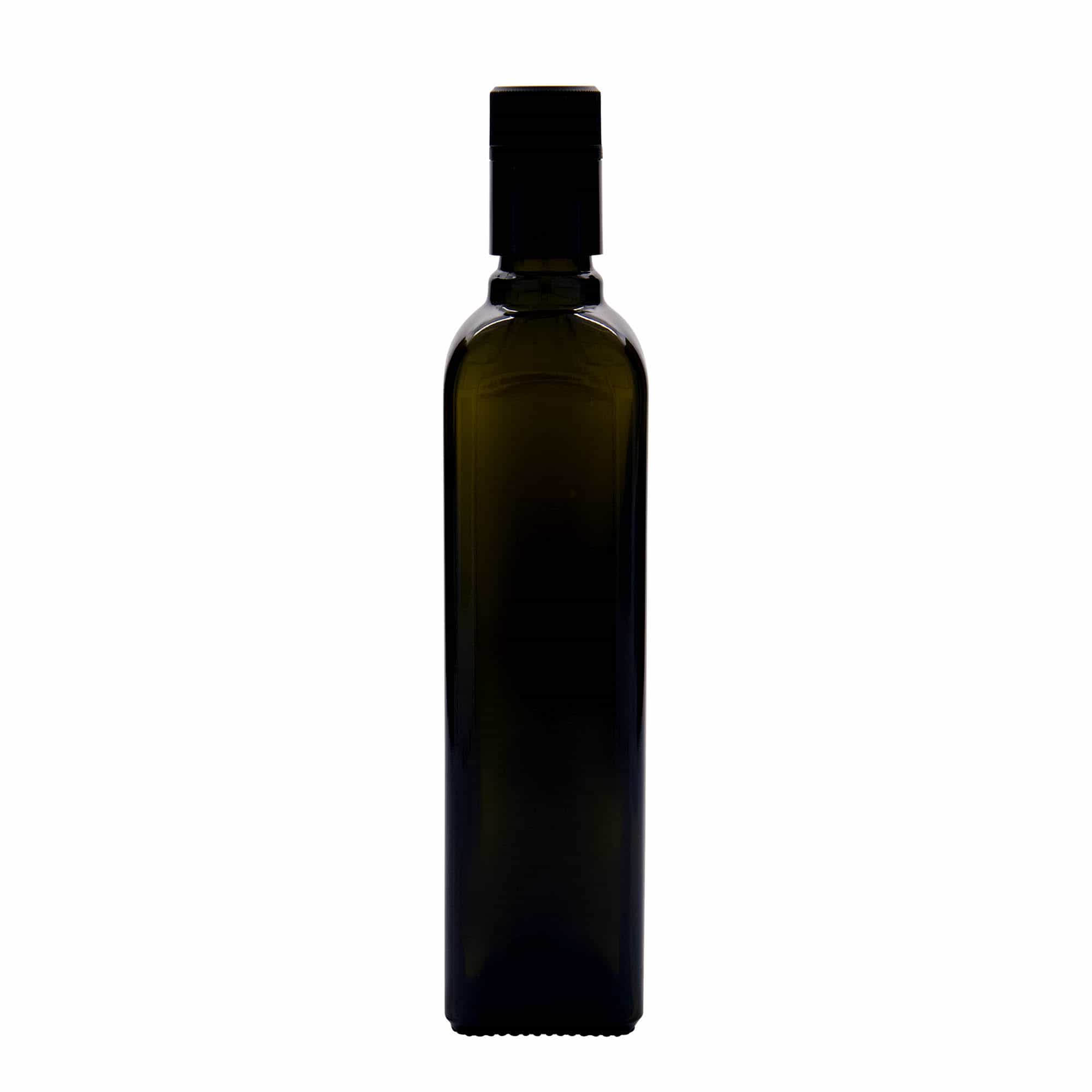 500 ml бутилка за оцет/олио „Quadra“, стъклена, квадратна, антично зелено, затваряне: без възможност за повторно пълнене