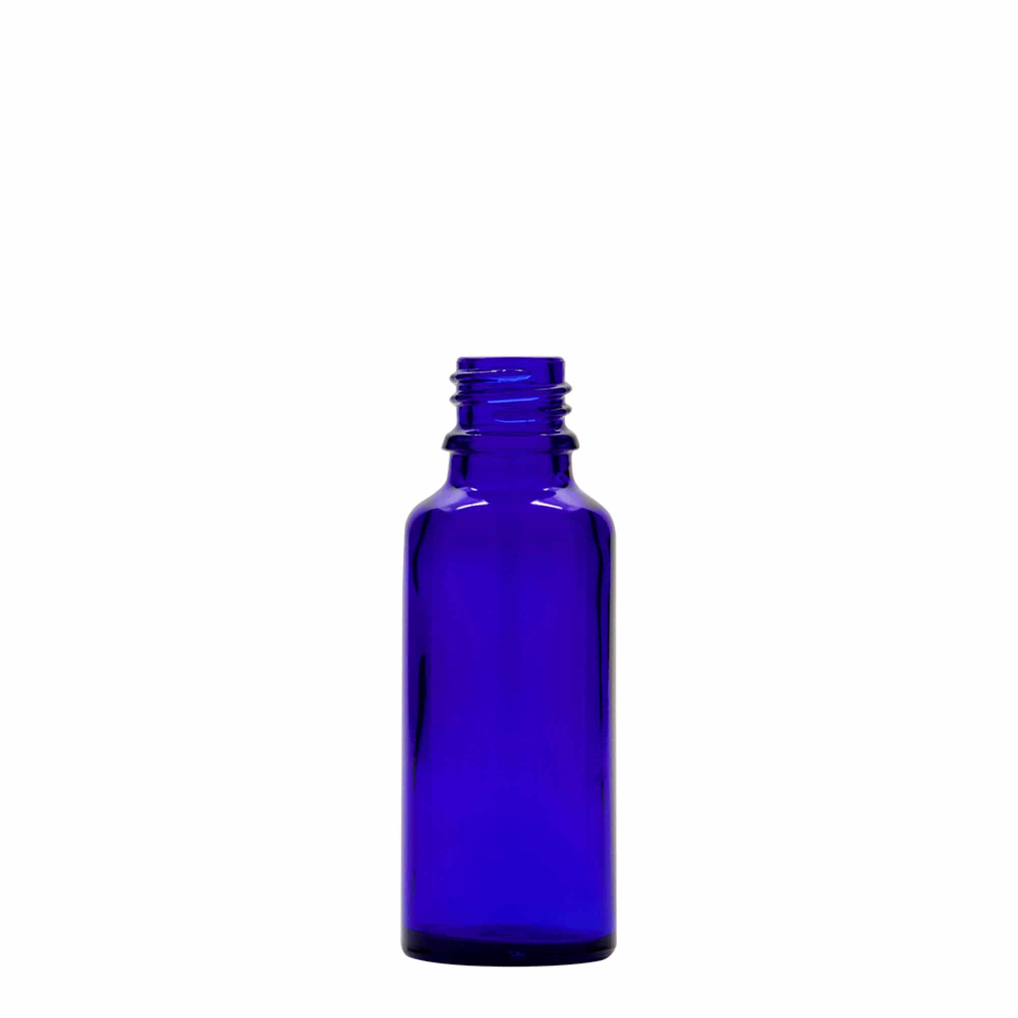 30 ml бутилка за лекарства с пипета, стъклена, кралско синьо-червена, затваряне: винтова капачка с резба DIN 18