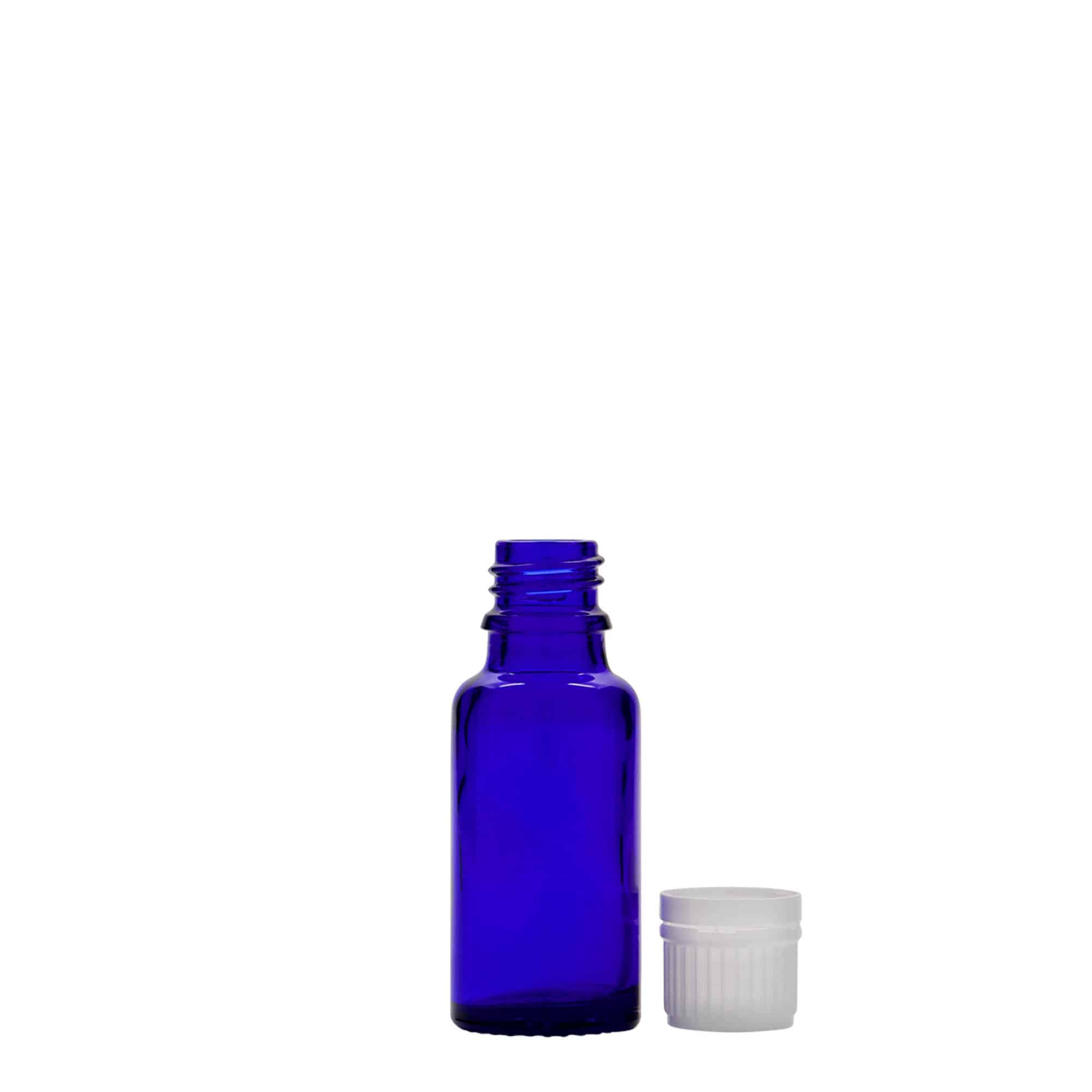 20 ml бутилка за лекарства, стъклена, кралско синьо, затваряне: винтова капачка с резба DIN 18