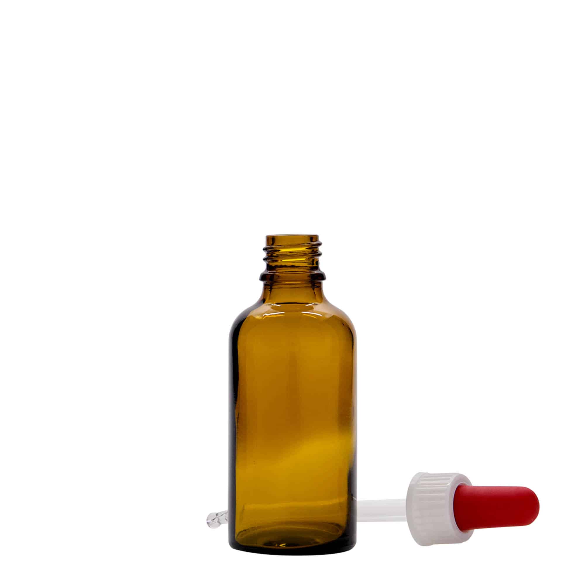 50 ml бутилка за лекарства с пипета, стъклена, червено-кафява, затваряне: винтова капачка с резба DIN 18
