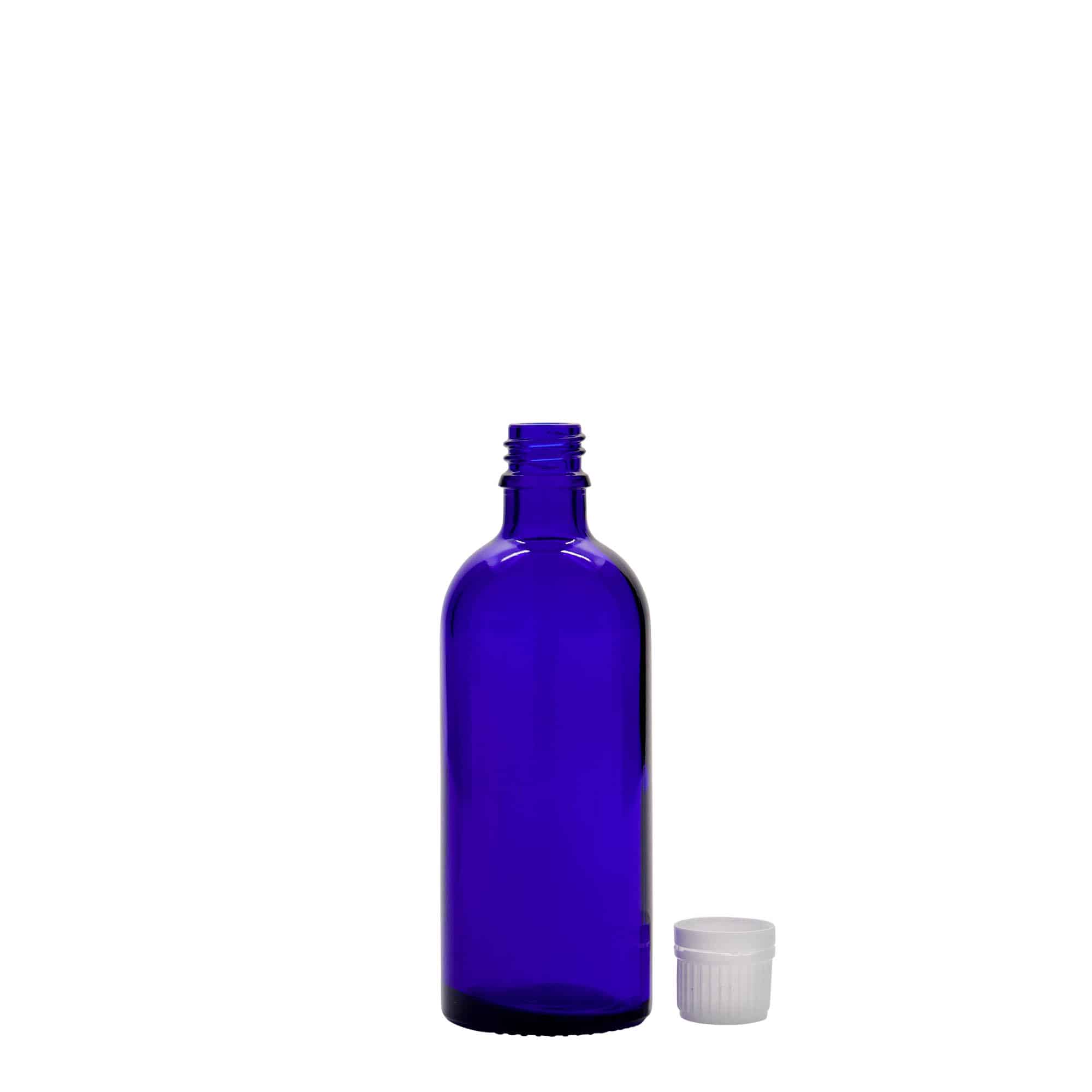 100 ml бутилка за лекарства, стъклена, кралско синьо, затваряне: винтова капачка с резба DIN 18