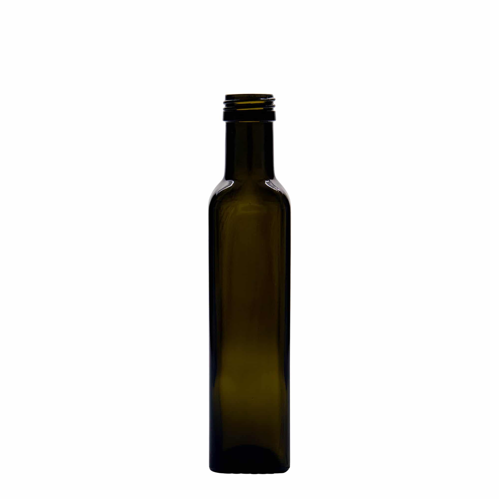 250 ml стъклена бутилка „Marasca“, квадратна, антично зелено, затваряне: капачка PP 31,5